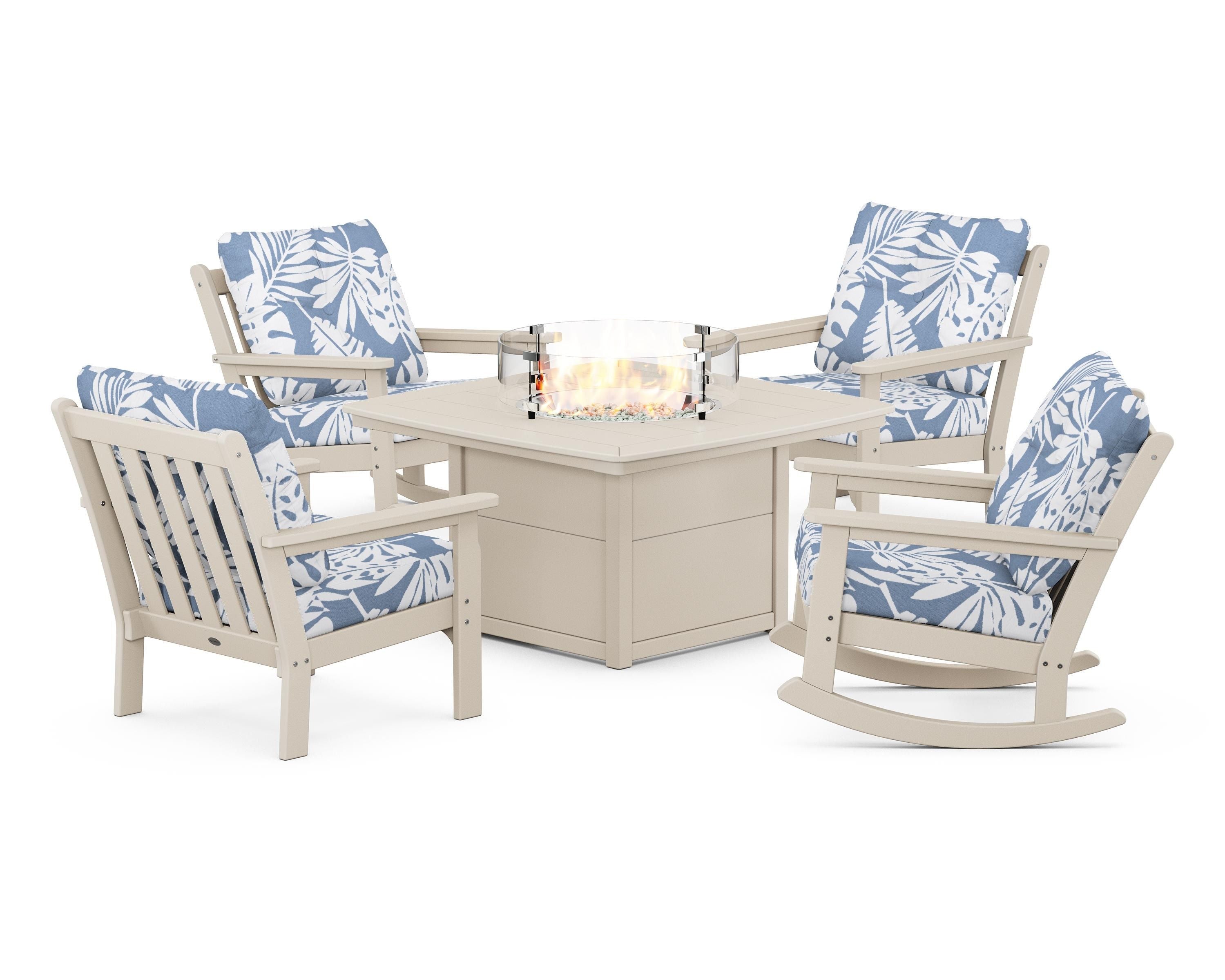 POLYWOOD Vineyard 5-Piece Deep Seating Rocking Chair Conversation Set with Fire Pit Table in Sand / Leaf Sky Blue