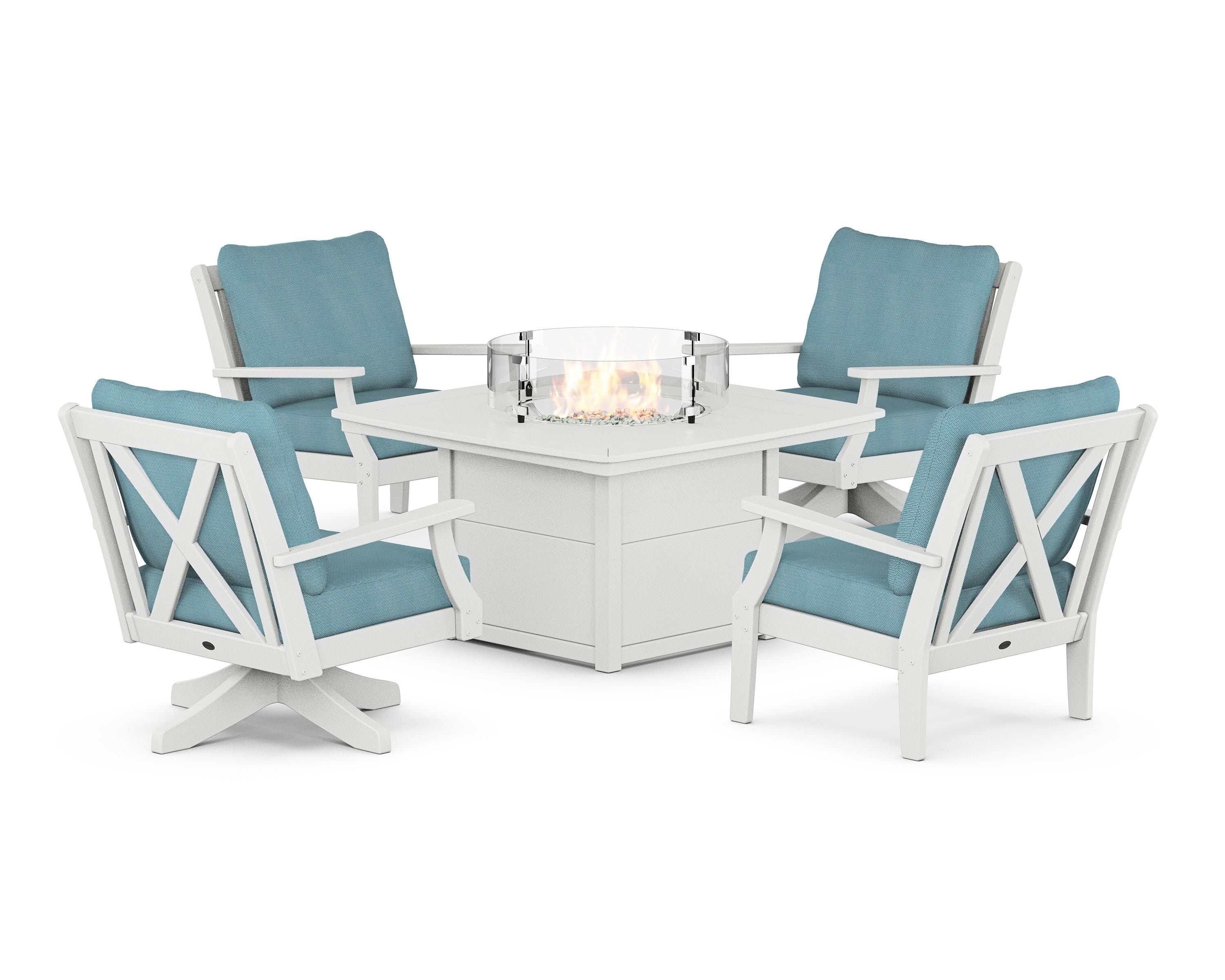 POLYWOOD Braxton 5-Piece Deep Seating Set with Fire Table in White / Lattice Sky Blue