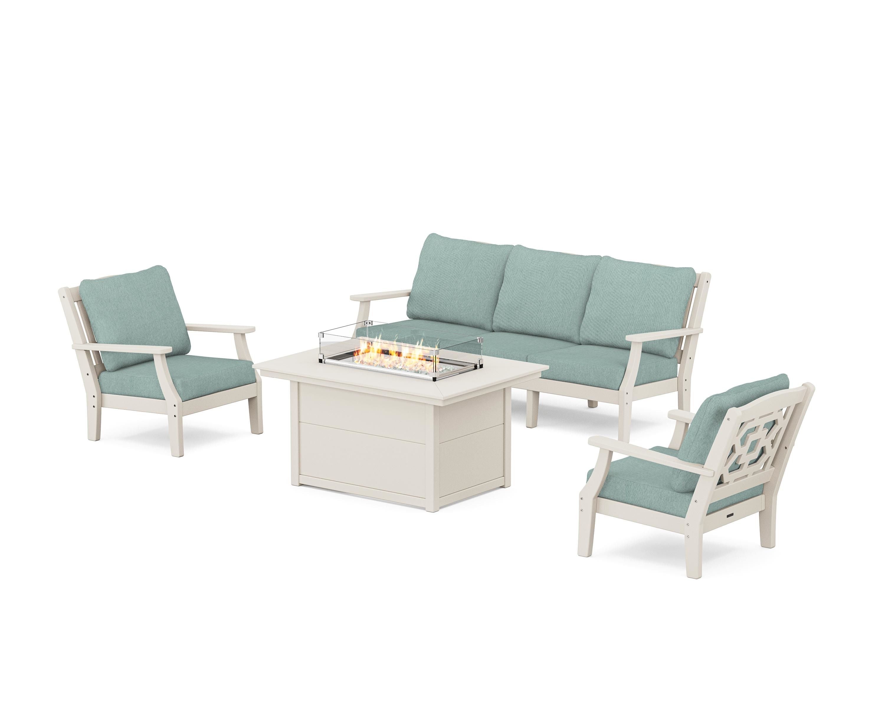 Martha Stewart by POLYWOOD Chinoiserie Deep Seating Fire Pit Table Set in Sand / Glacier Spa