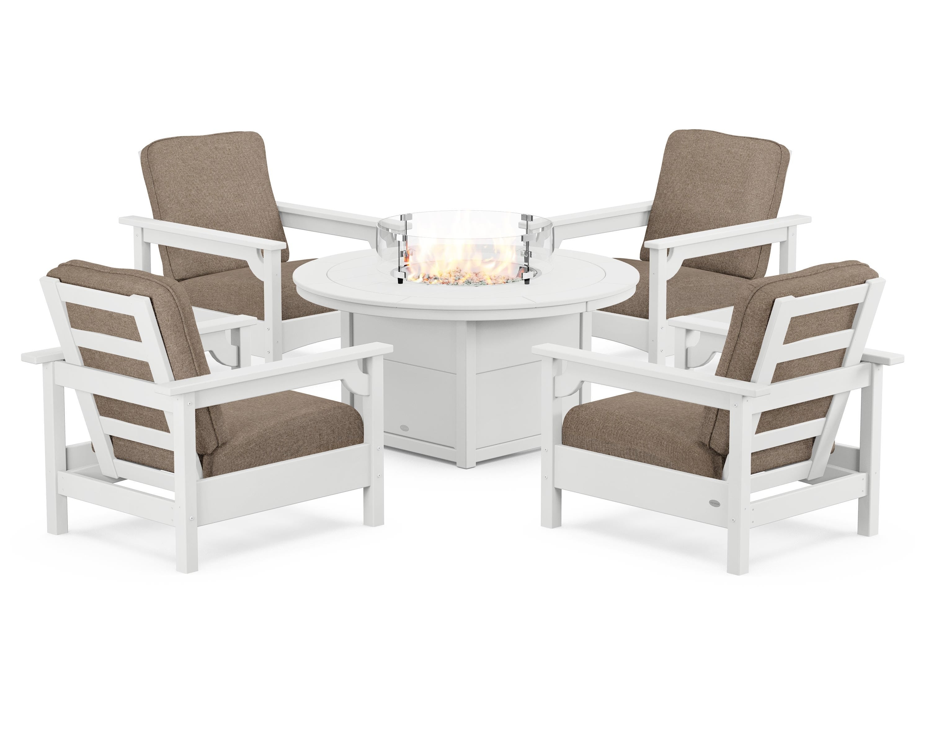 POLYWOOD Club 5-Piece Conversation Set with Fire Pit Table in White / Spiced Burlap