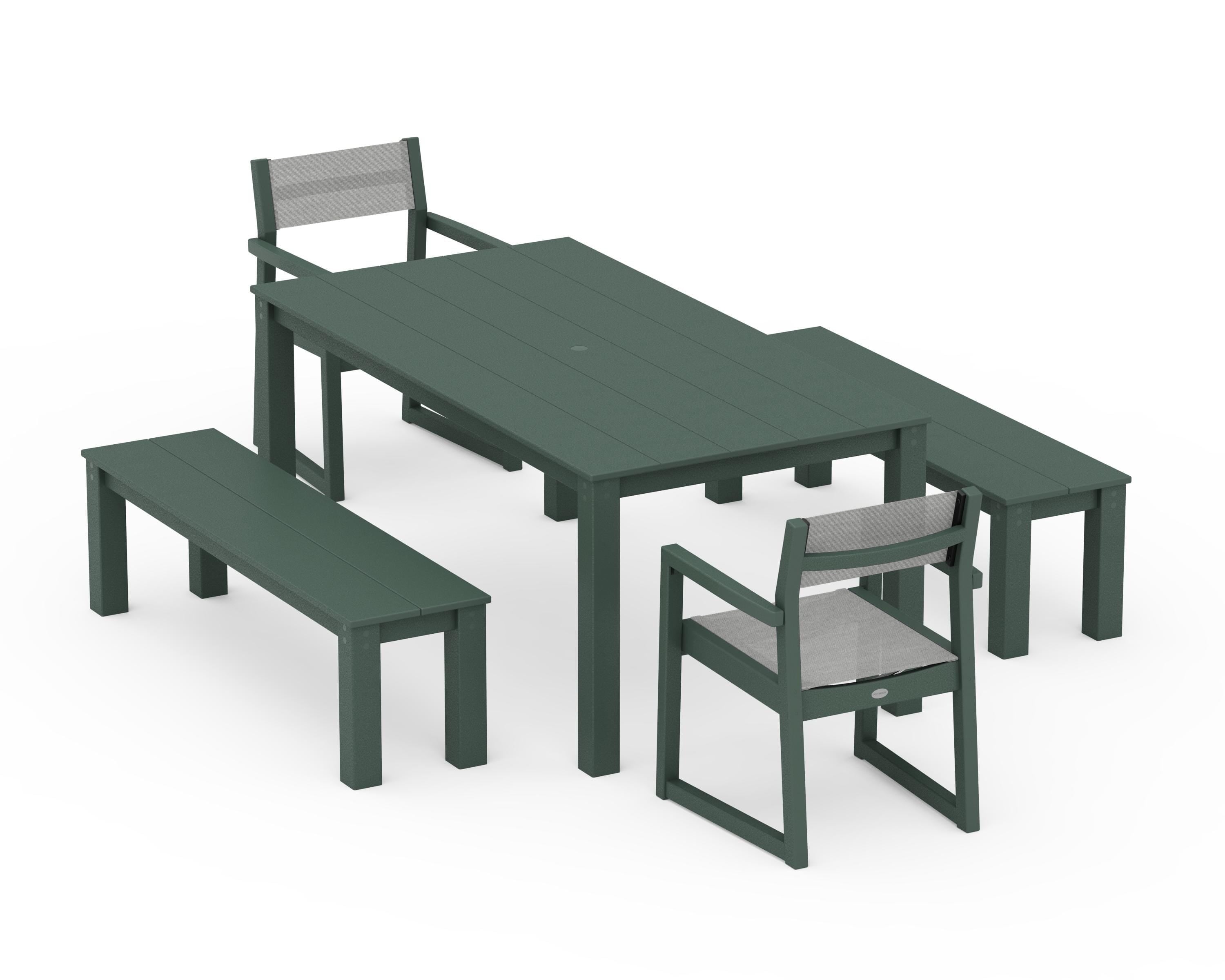 POLYWOOD EDGE Sling Arm Chair 5-Piece Parsons Dining Set with Benches in Green / Metallic Sling
