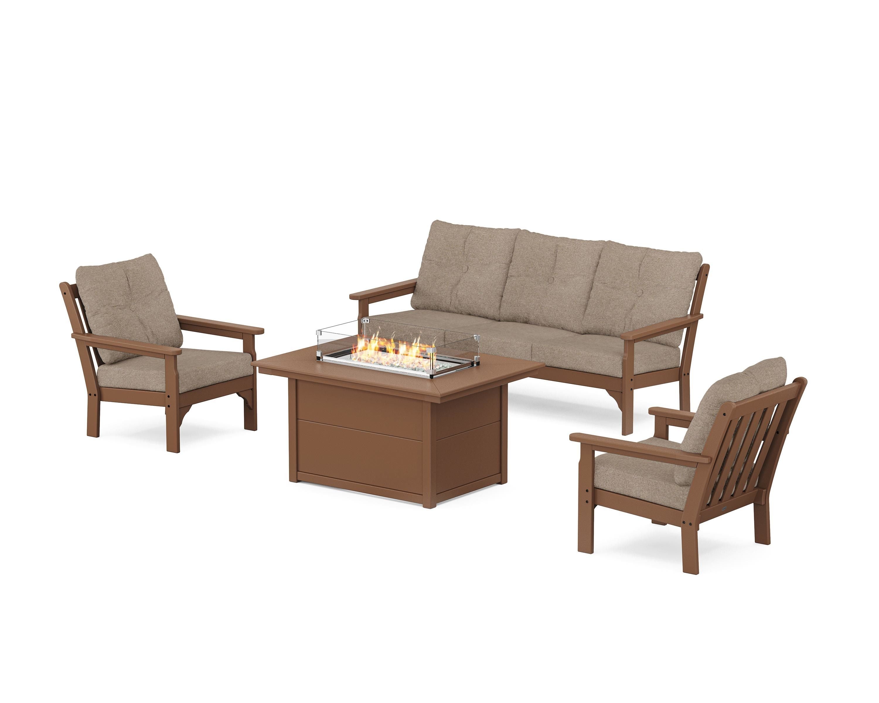 POLYWOOD Vineyard Deep Seating Fire Pit Table Set in Teak / Spiced Burlap