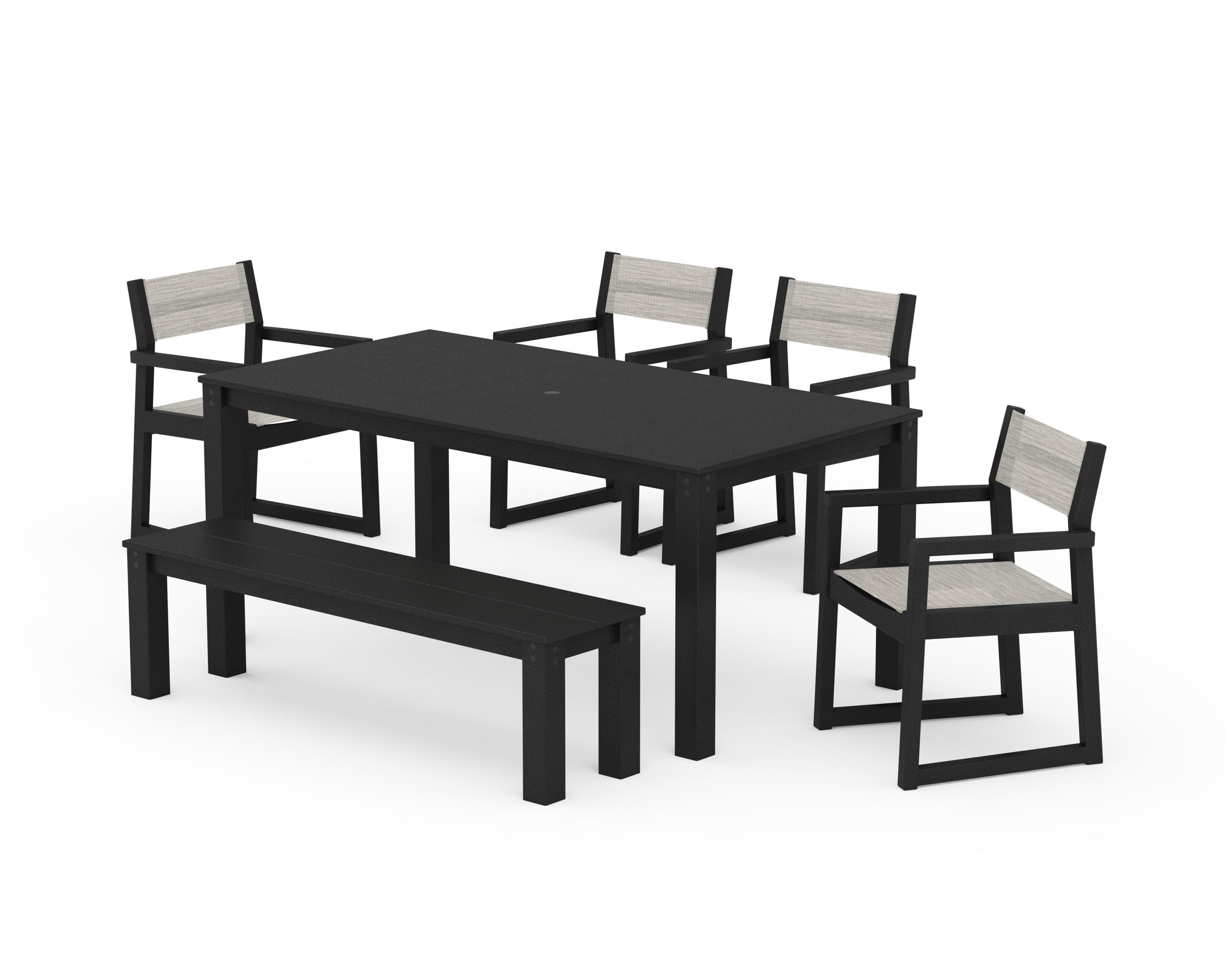 POLYWOOD EDGE Sling Arm Chair 6-Piece Parsons Dining Set with Bench in Black / Birch Sling