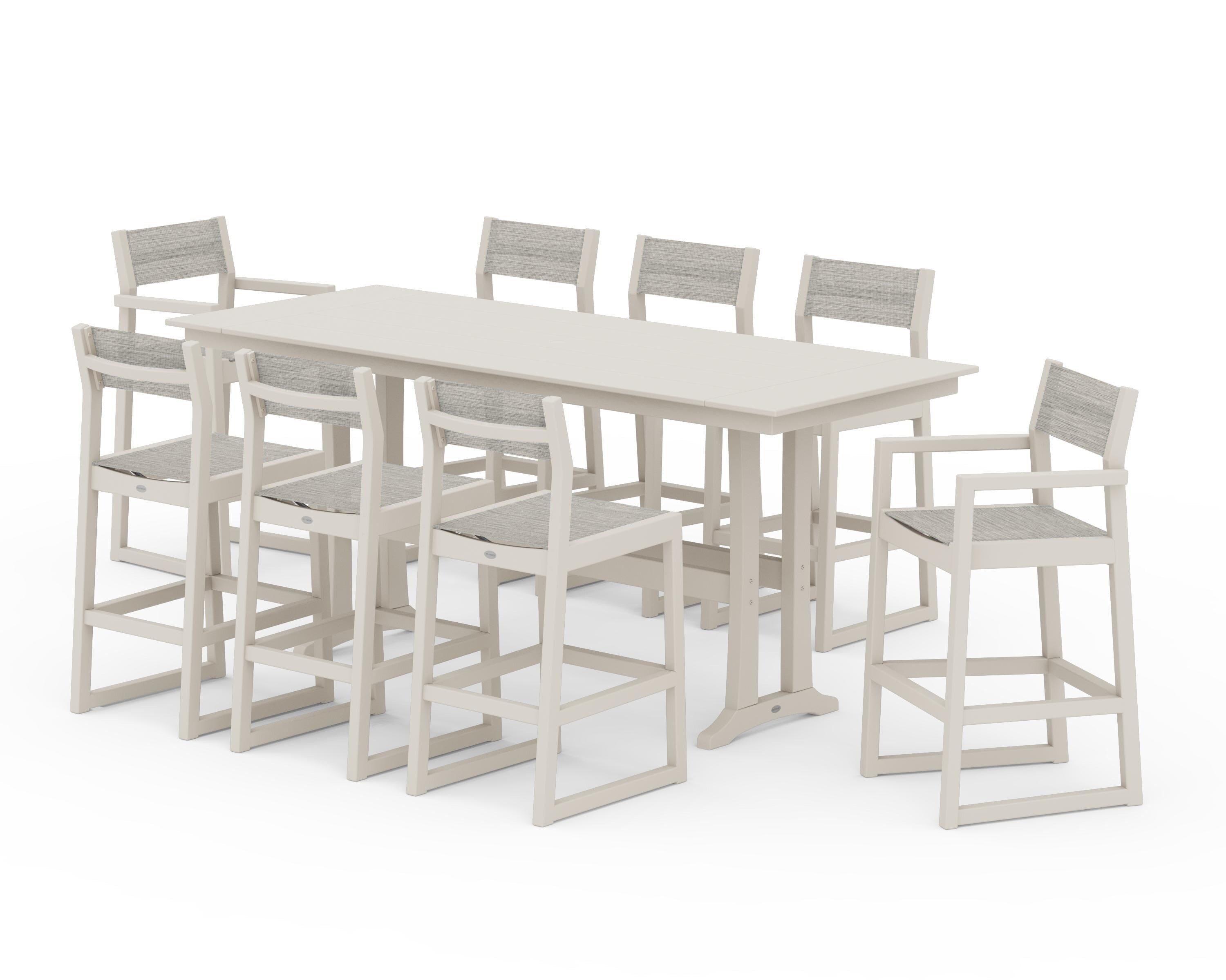 POLYWOOD EDGE Sling 9-Piece Farmhouse Bar Set with Trestle Legs in Sand / Birch Sling