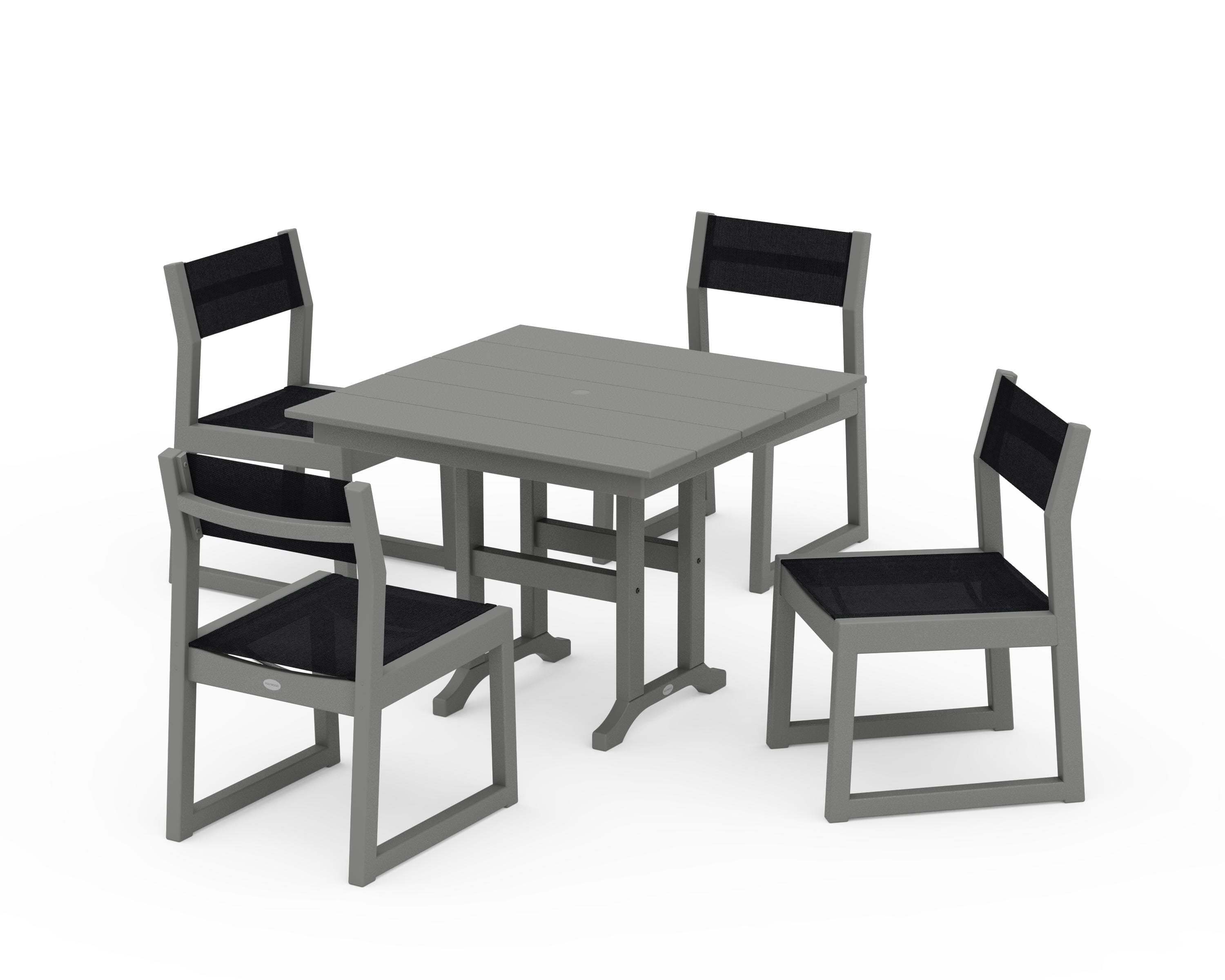 POLYWOOD EDGE Sling Side Chair 5-Piece Farmhouse Dining Set in Slate Grey / Black Sling
