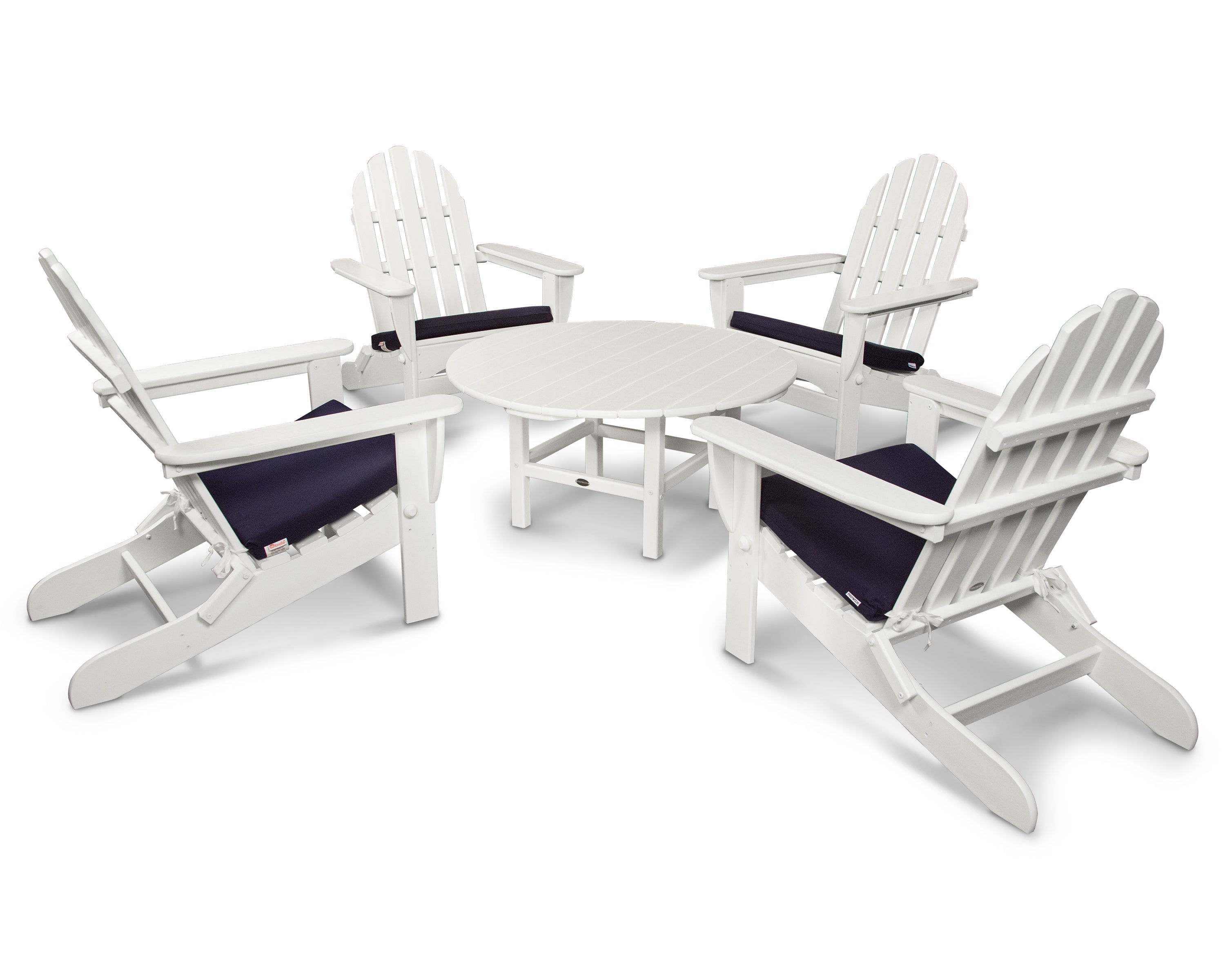 POLYWOOD® Classic Adirondack 5-Piece Conversation Group with Seat Cushion in White / Navy