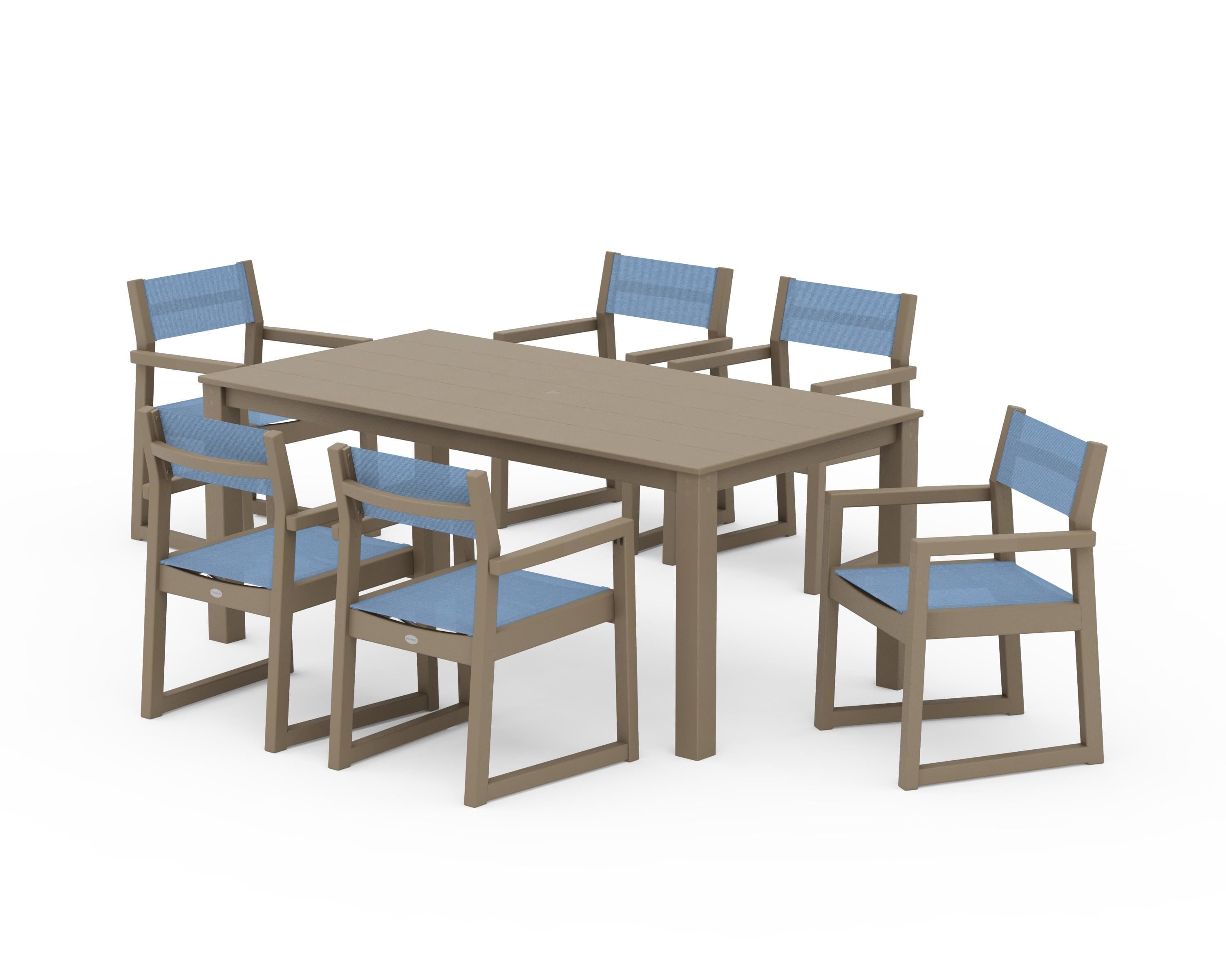POLYWOOD EDGE Sling Arm Chair 7-Piece Parsons Dining Set in Vintage Sahara / Poolside Sling