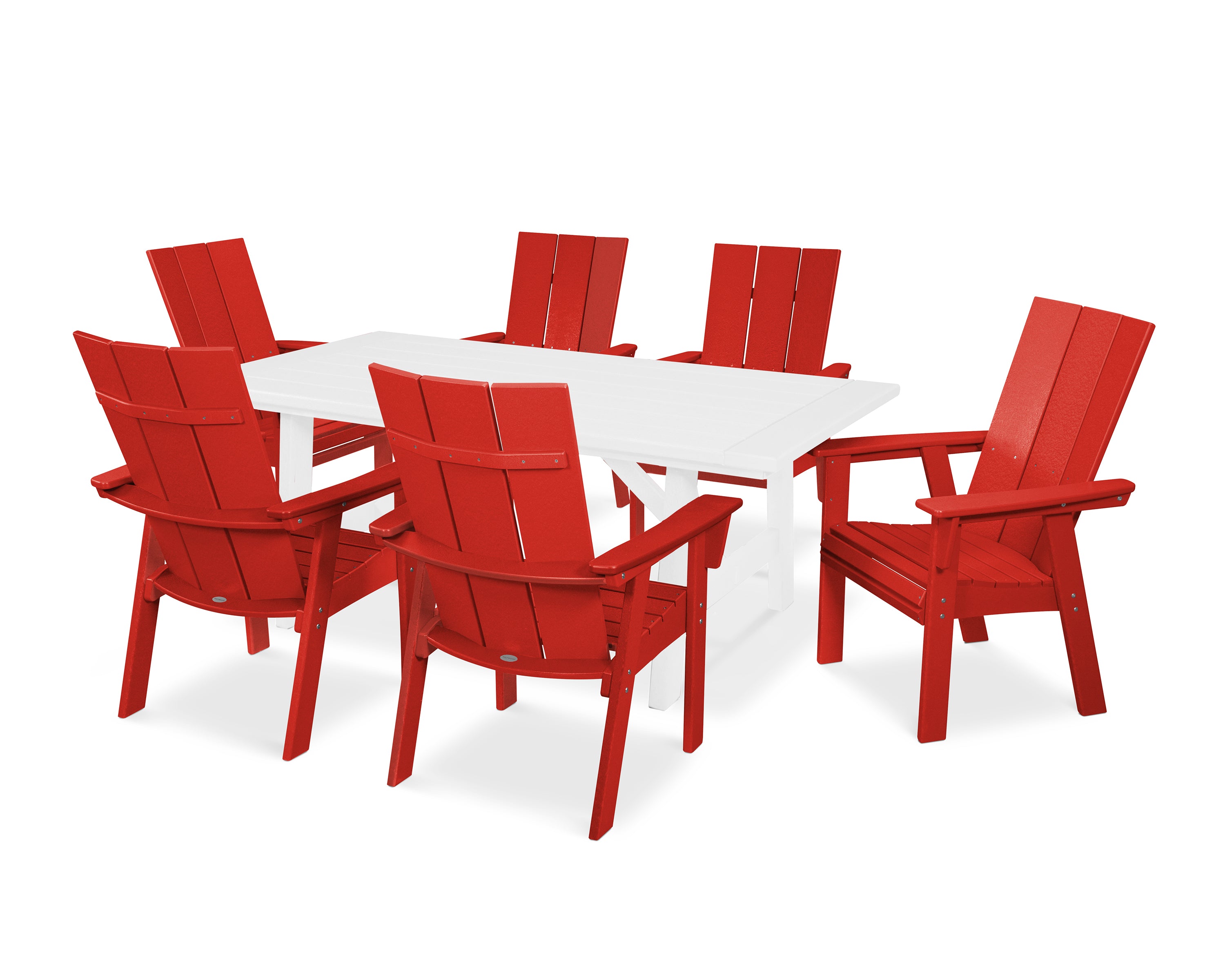 POLYWOOD® Modern Curveback Adirondack 7-Piece Rustic Farmhouse Dining Set in Sunset Red / White