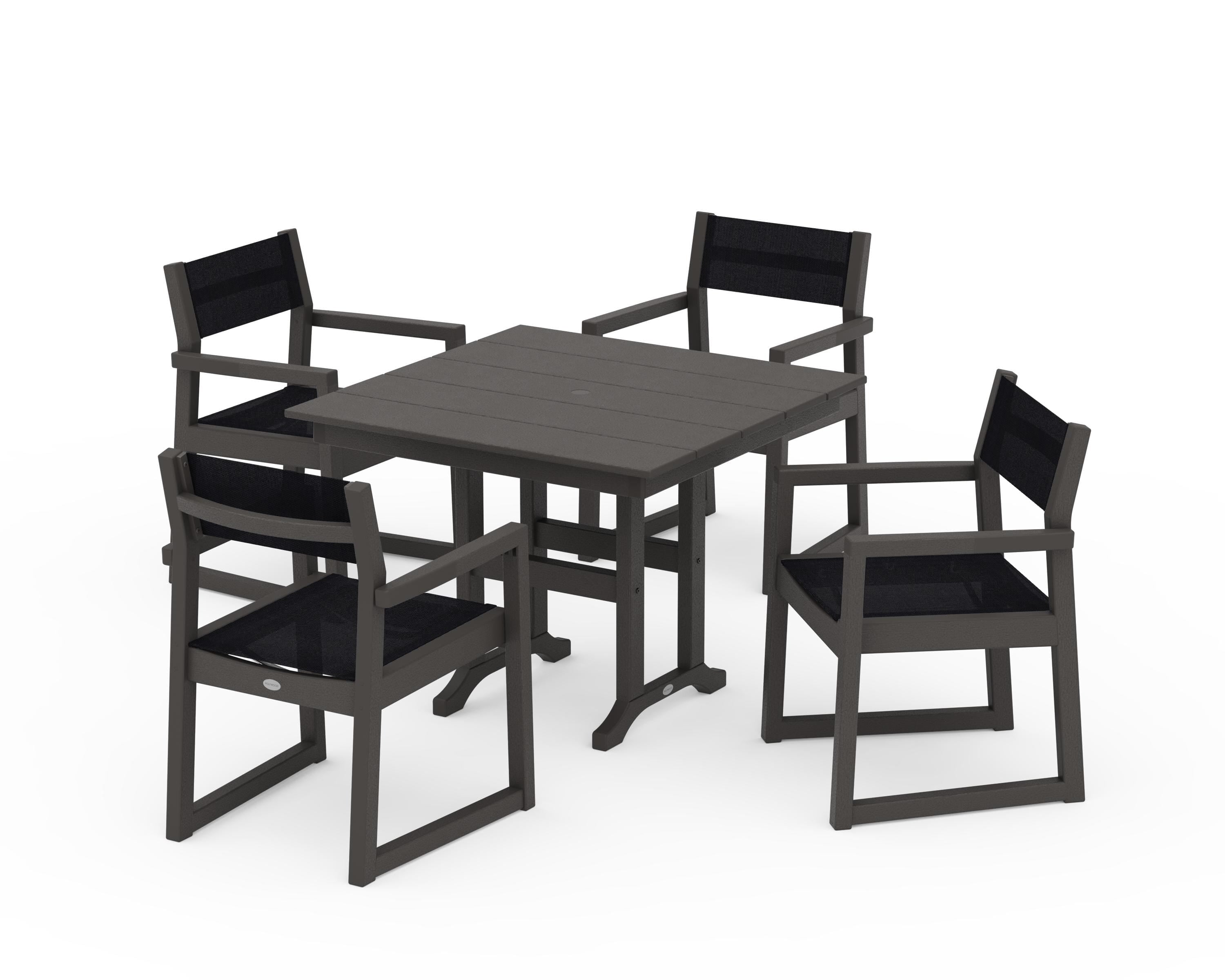 POLYWOOD EDGE Sling Arm Chair 5-Piece Farmhouse Dining Set in Vintage Coffee / Black Sling