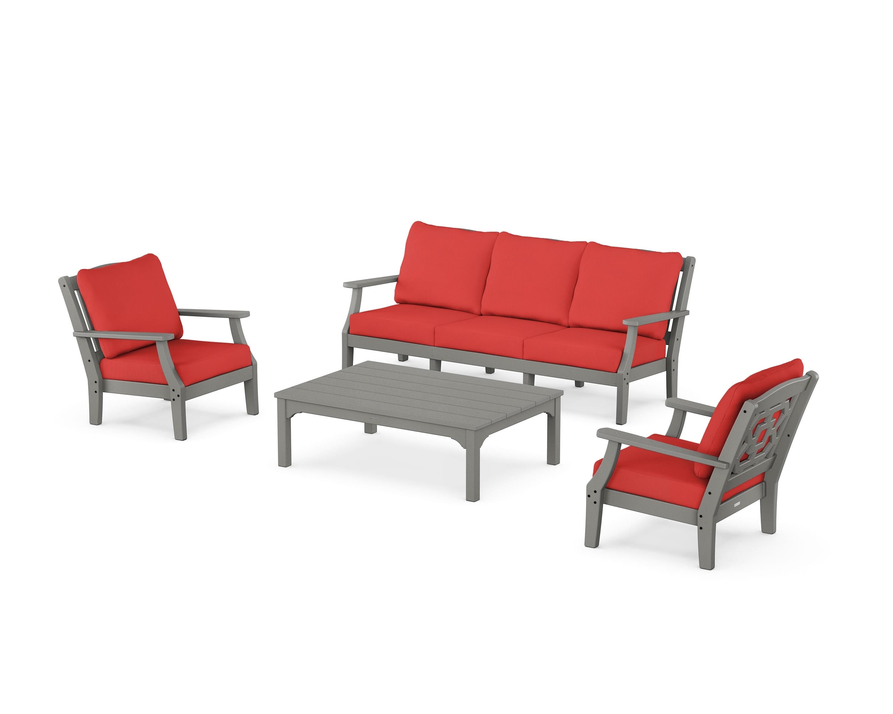 Martha Stewart by POLYWOOD Chinoiserie 4-Piece Deep Seating Set with Sofa in Slate Grey / Crimson Linen