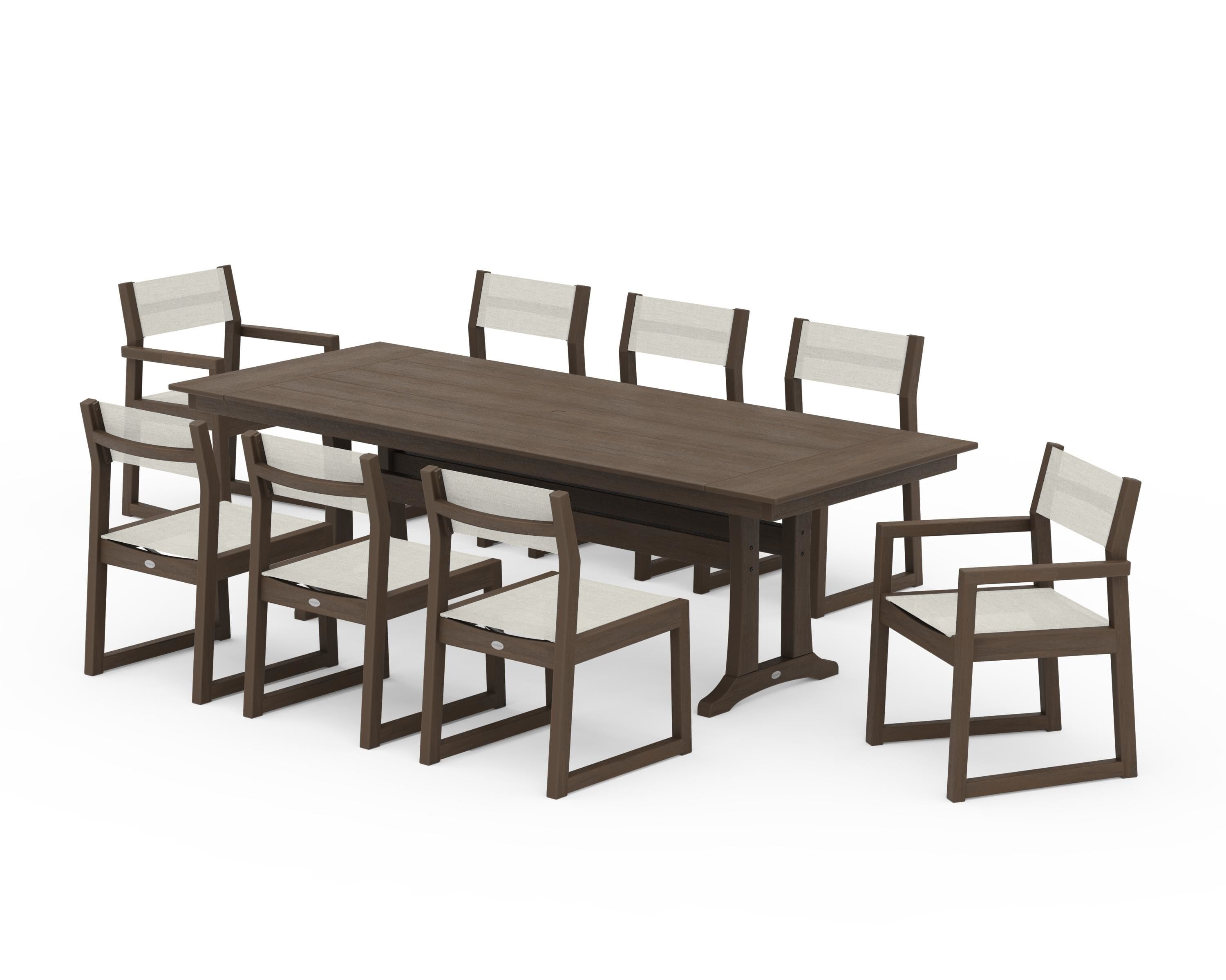 POLYWOOD EDGE Sling 9-Piece Farmhouse Trestle Dining Set in Kona / Parchment Sling