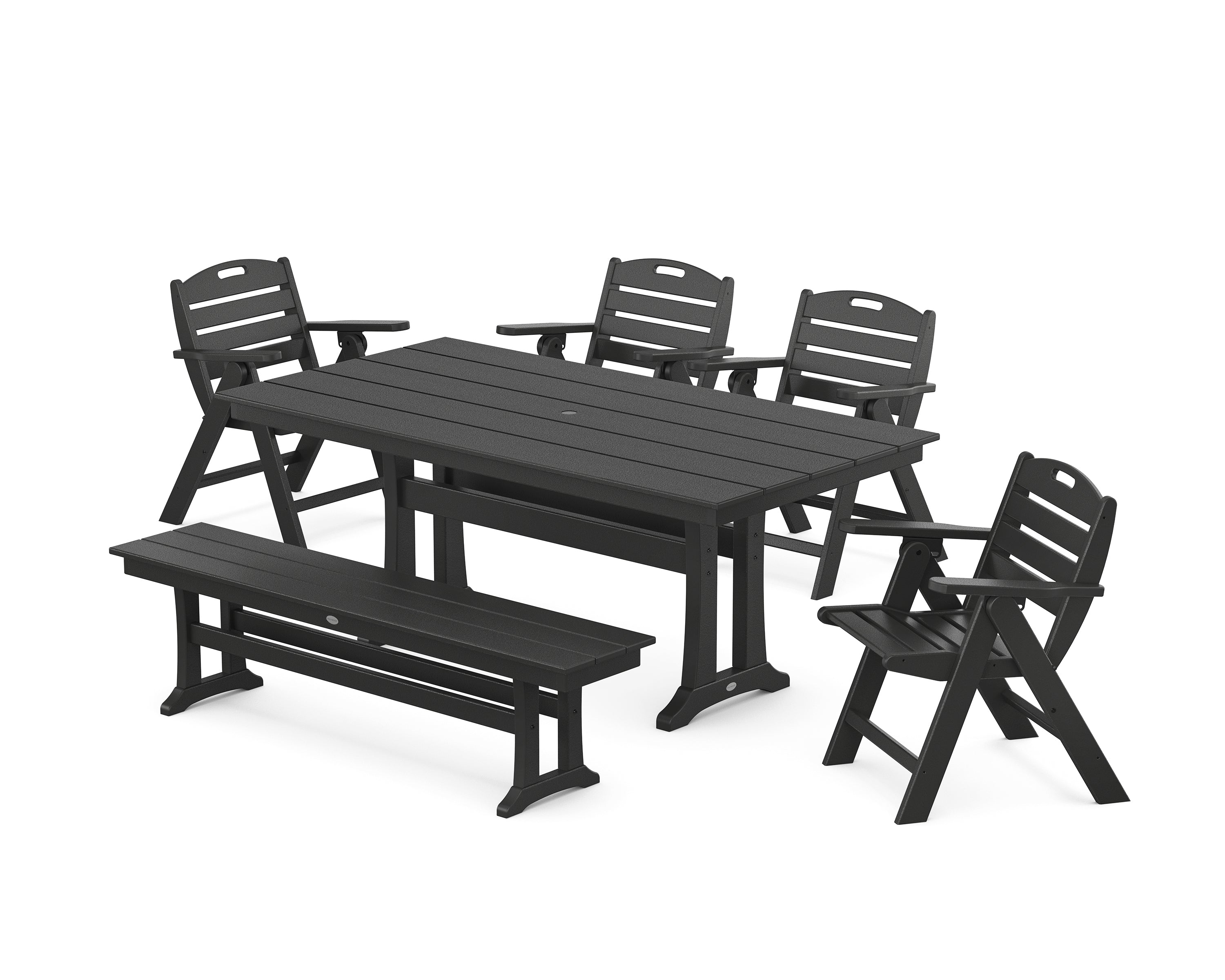 POLYWOOD Nautical Lowback 6-Piece Farmhouse Dining Set with Trestle Legs and Bench in Black