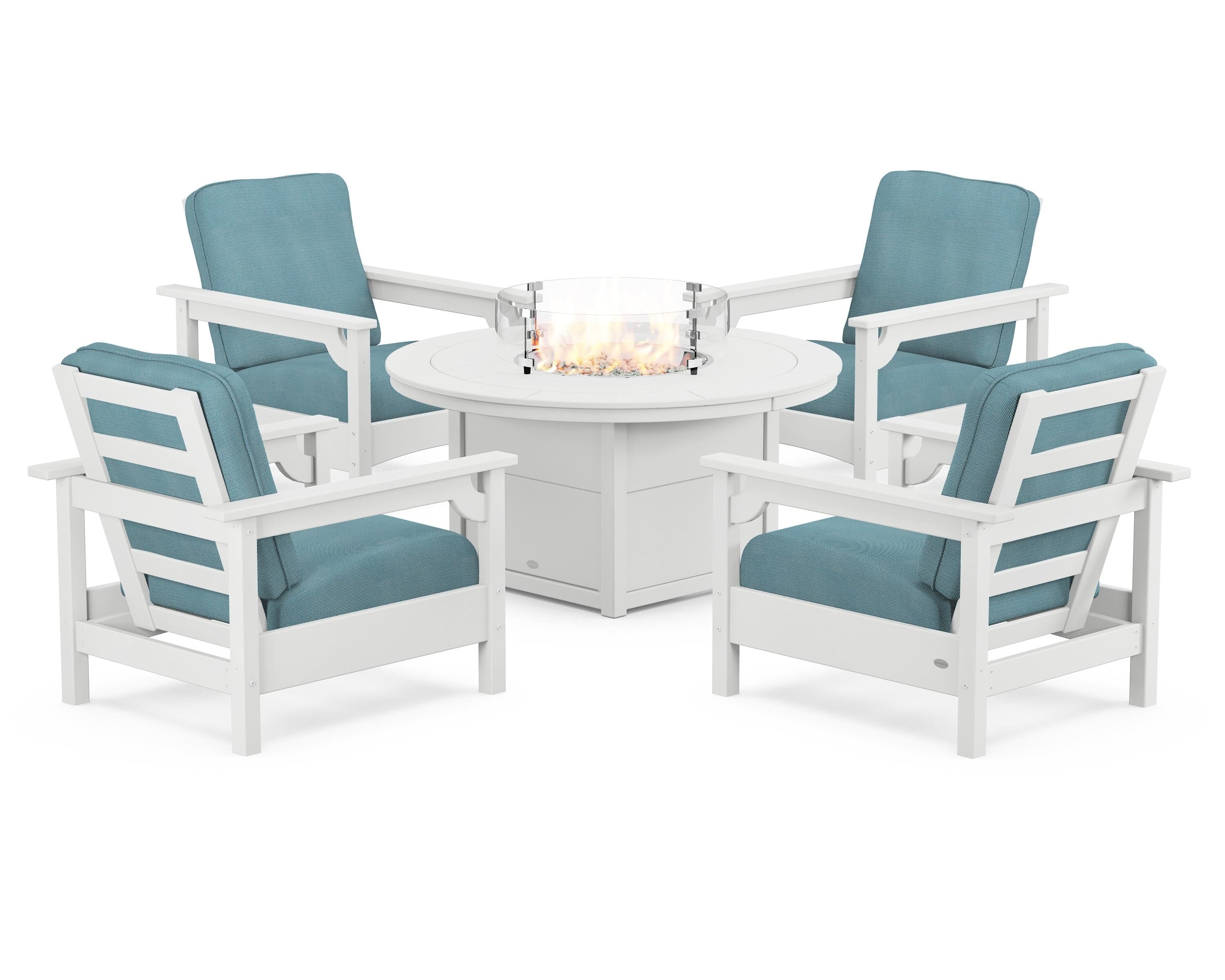 POLYWOOD Club 5-Piece Conversation Set with Fire Pit Table in White / Lattice Sky Blue
