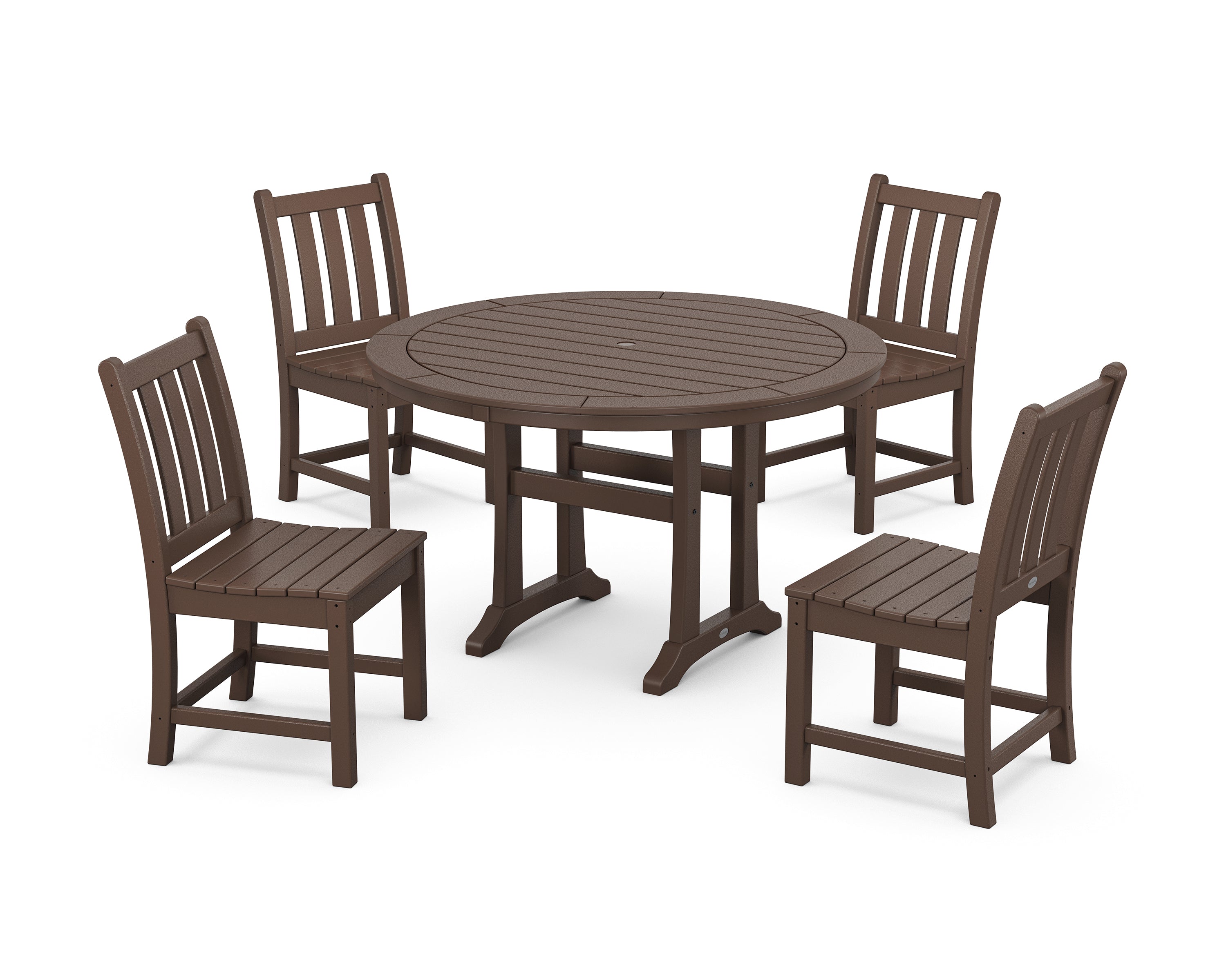 POLYWOOD® Traditional Garden Side Chair 5-Piece Round Dining Set With Trestle Legs in Mahogany
