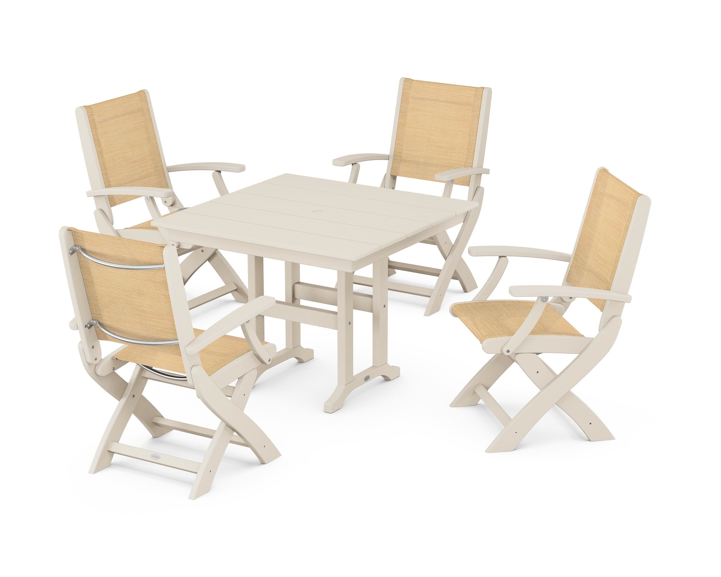 POLYWOOD Coastal Folding Chair 5-Piece Farmhouse Dining Set in Sand / Dupioni Apricot Sling