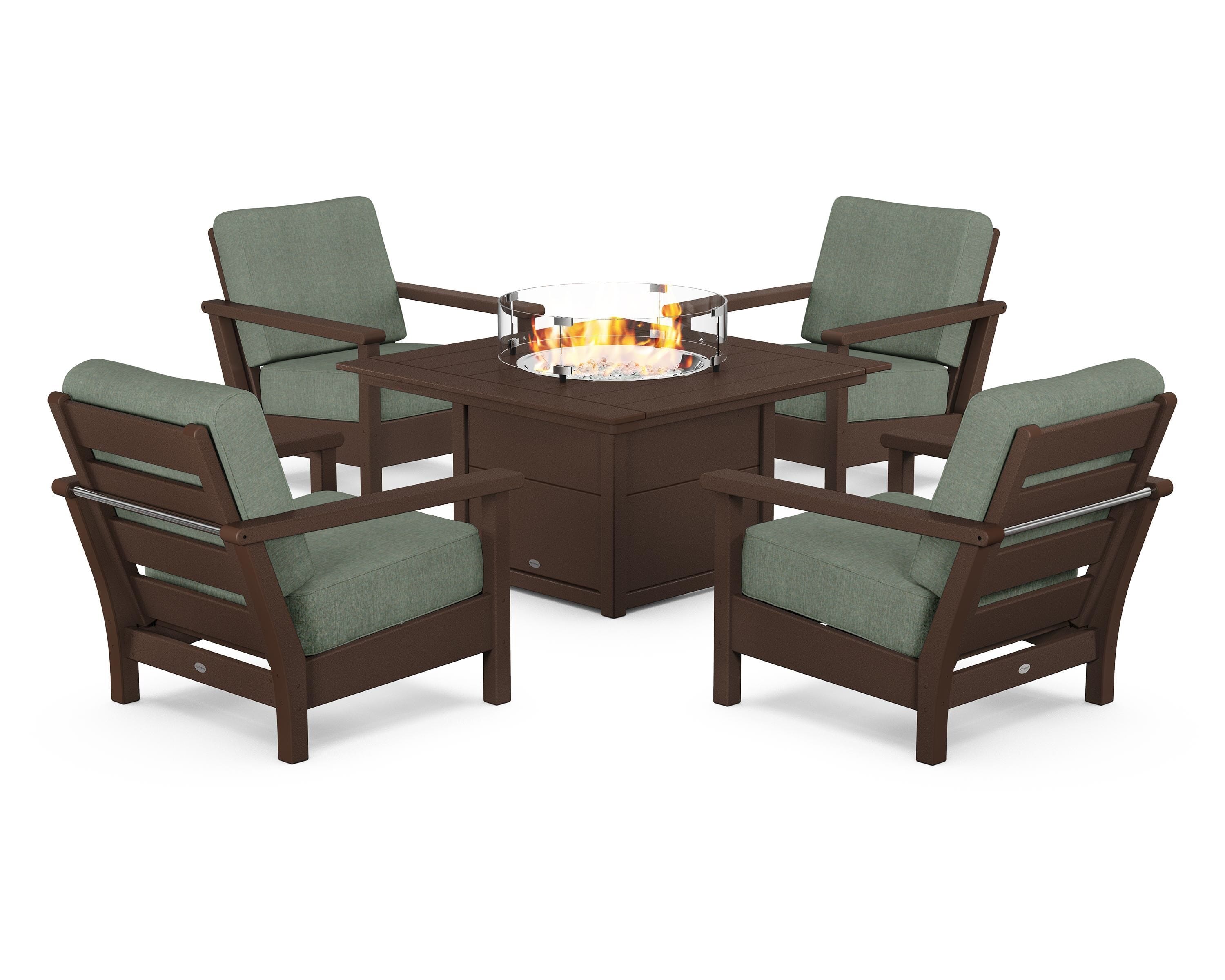 POLYWOOD Harbour 5-Piece Conversation Set with Fire Pit Table in Mahogany / Cast Sage