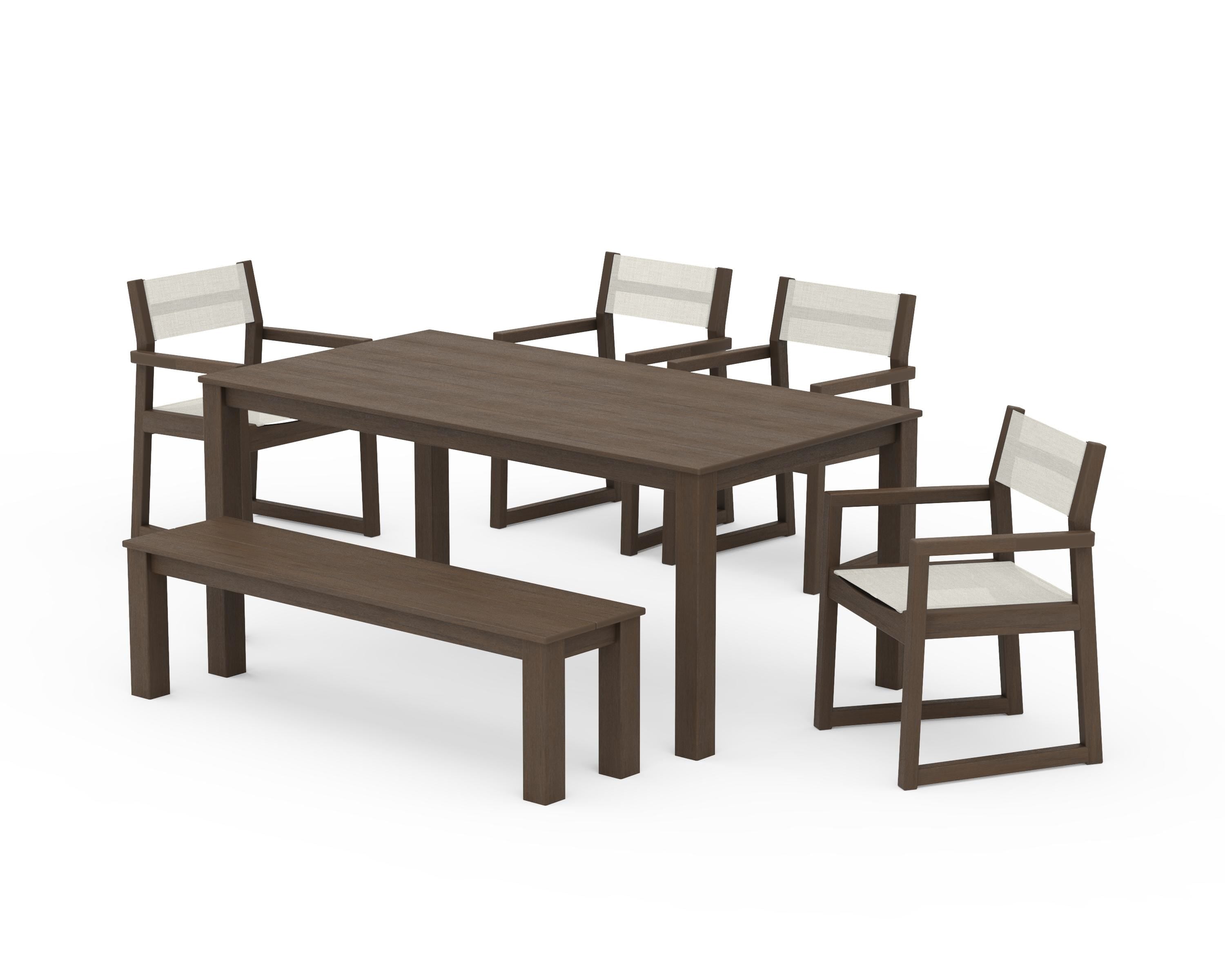 POLYWOOD EDGE Sling Arm Chair 6-Piece Parsons Dining Set with Bench in Kona / Parchment Sling