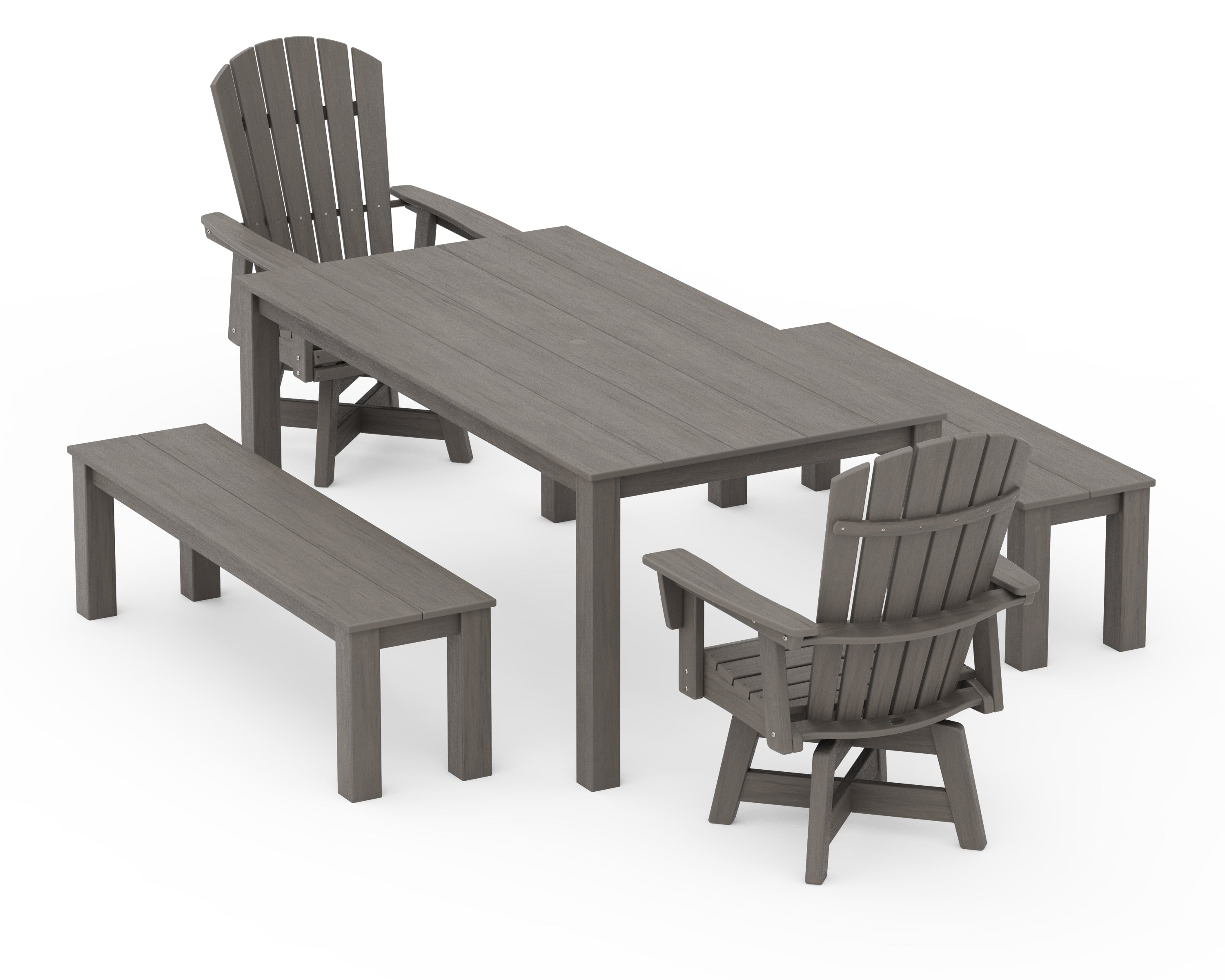 POLYWOOD Nautical Curveback Adirondack Swivel 5-Piece Parsons Dining Set with Benches in Driftwood
