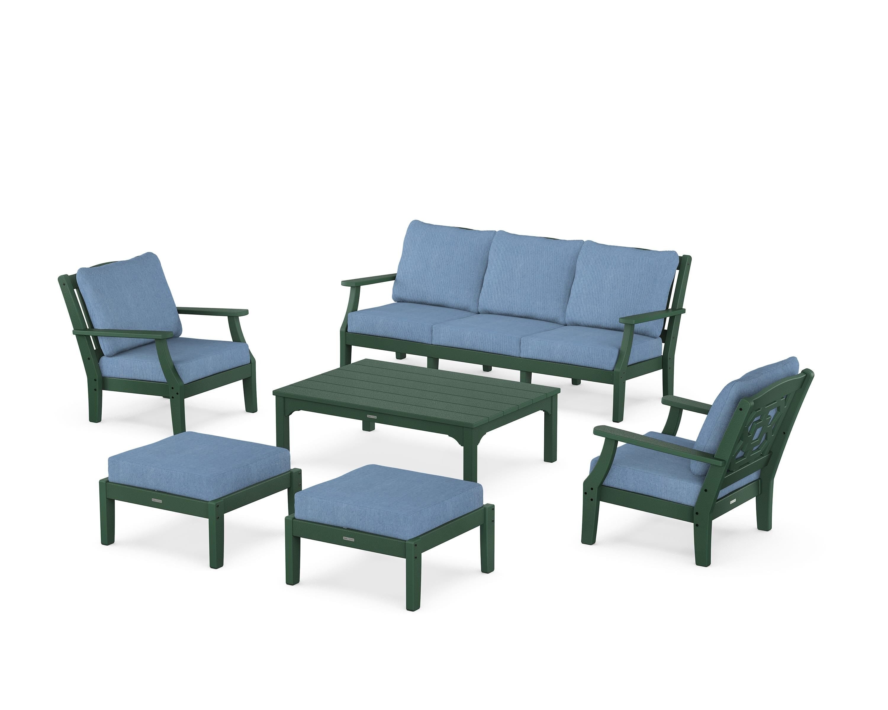 Martha Stewart by POLYWOOD Chinoiserie 6-Piece Lounge Sofa Set in Green / Sky Blue