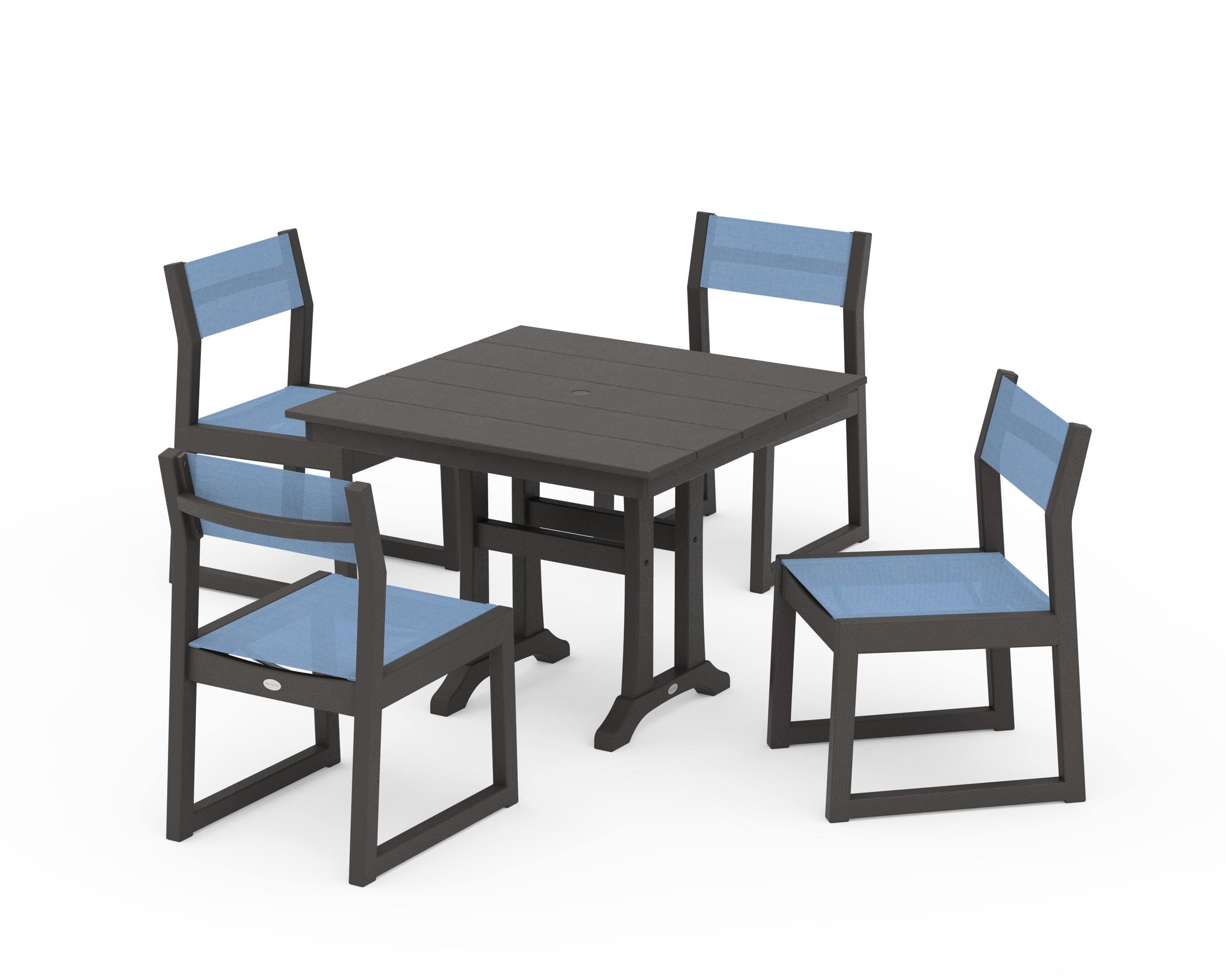 POLYWOOD EDGE Sling 5-Piece Farmhouse Trestle Side Chair Dining Set in Vintage Coffee / Poolside Sling
