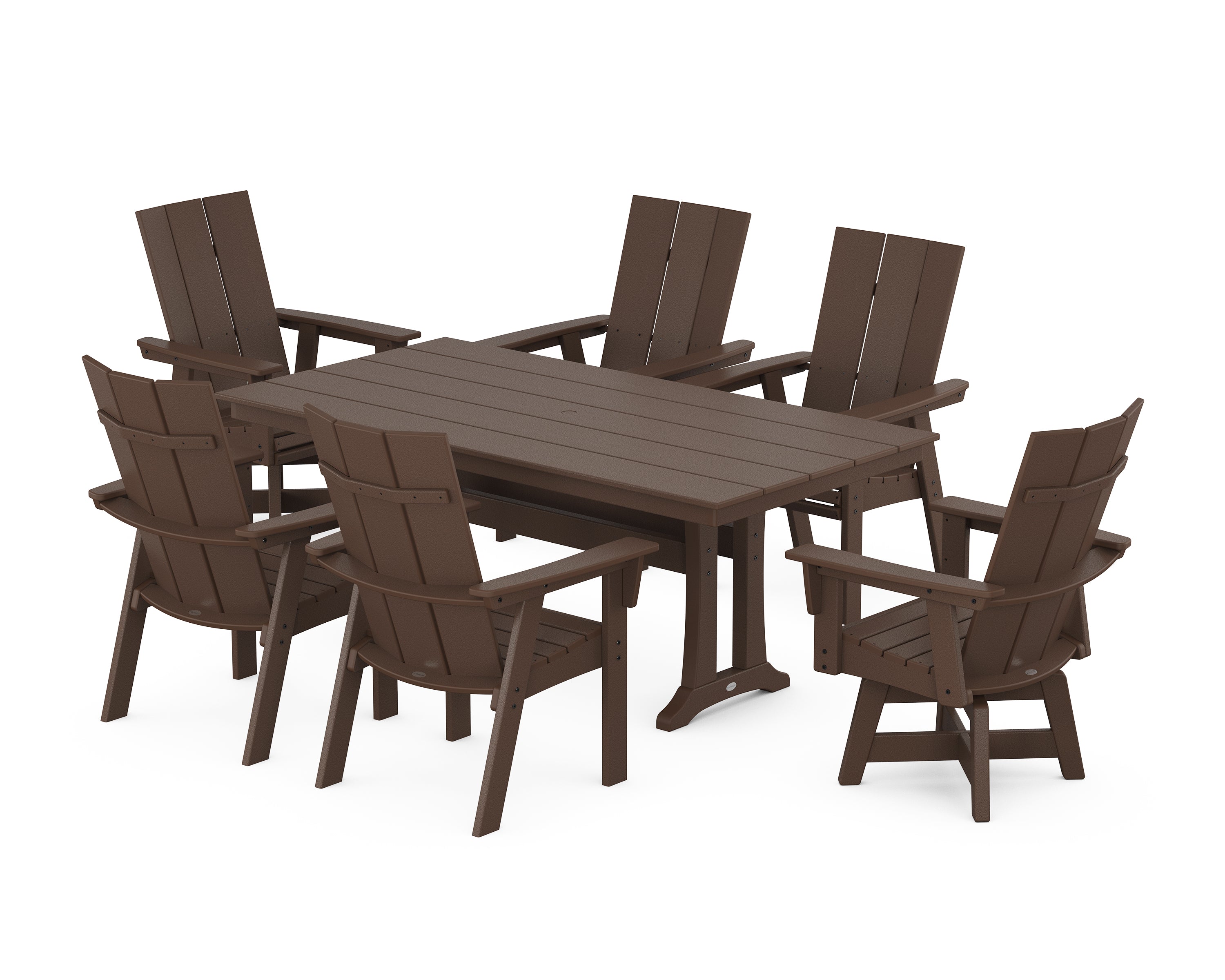 POLYWOOD® Modern Curveback Adirondack Swivel Chair 7-Piece Farmhouse Dining Set With Trestle Legs in Mahogany