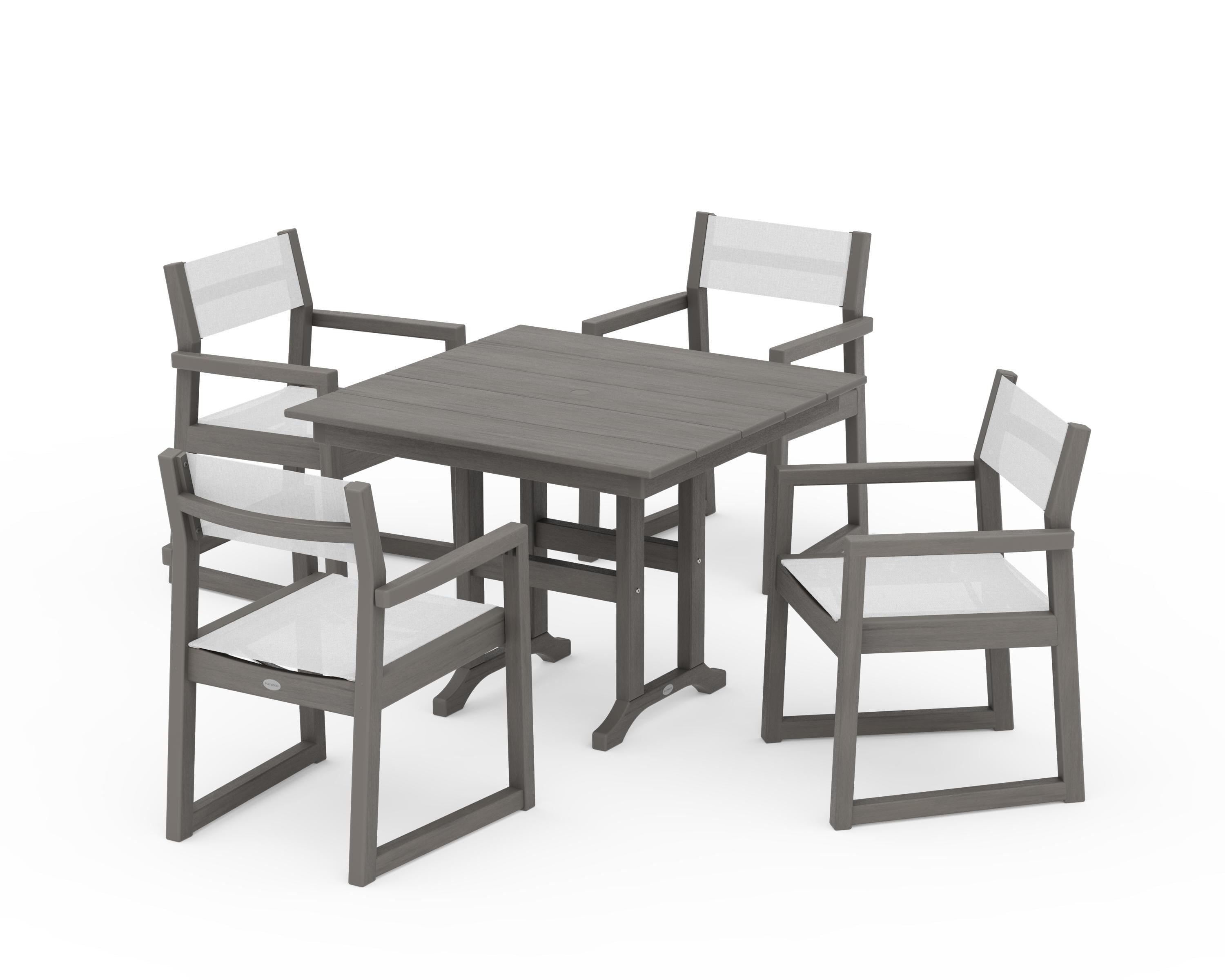 POLYWOOD EDGE Sling Arm Chair 5-Piece Farmhouse Dining Set in Driftwood / White Sling