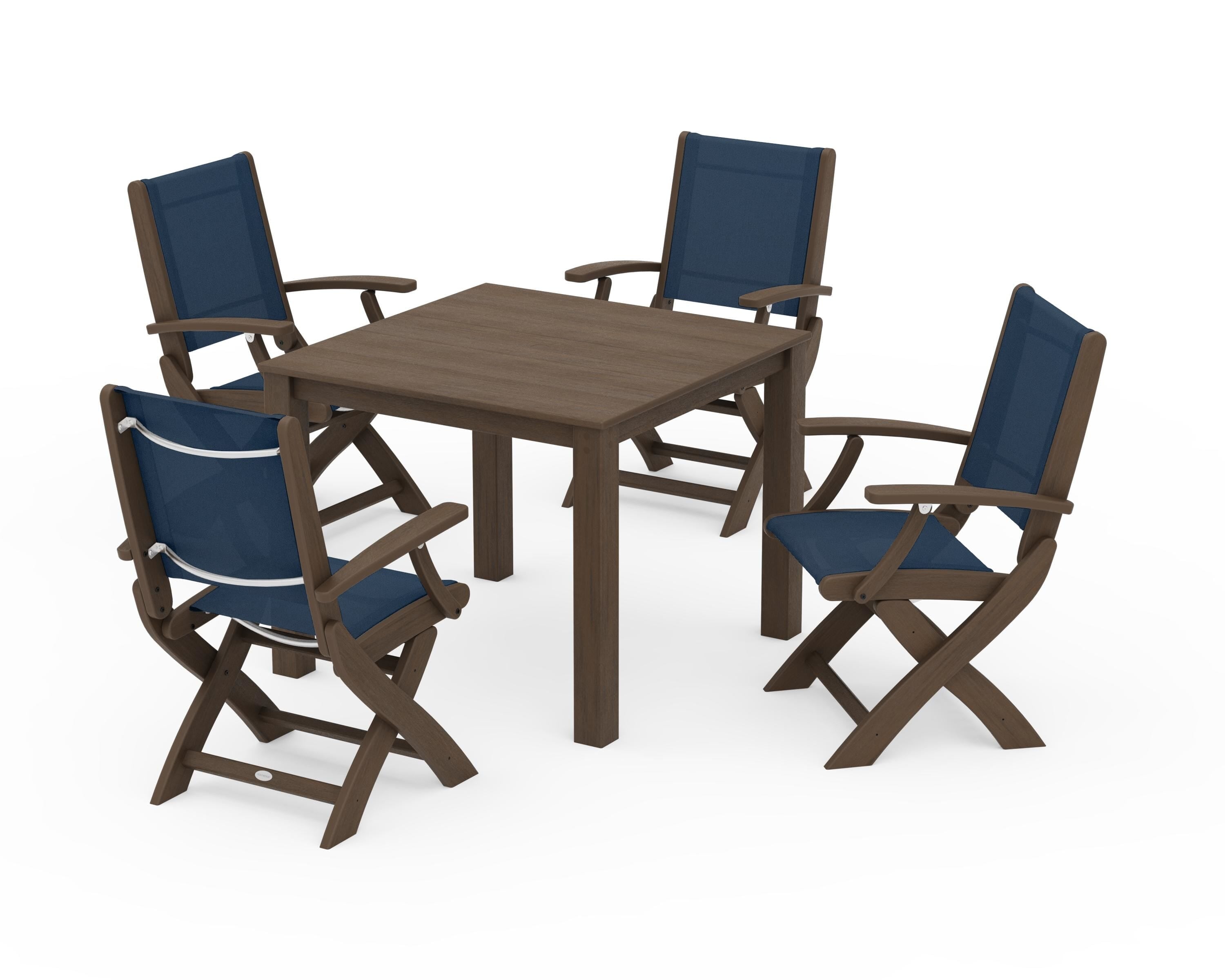 POLYWOOD Coastal Folding Chair 5-Piece Parsons Dining Set in Kona / Navy Blue Sling