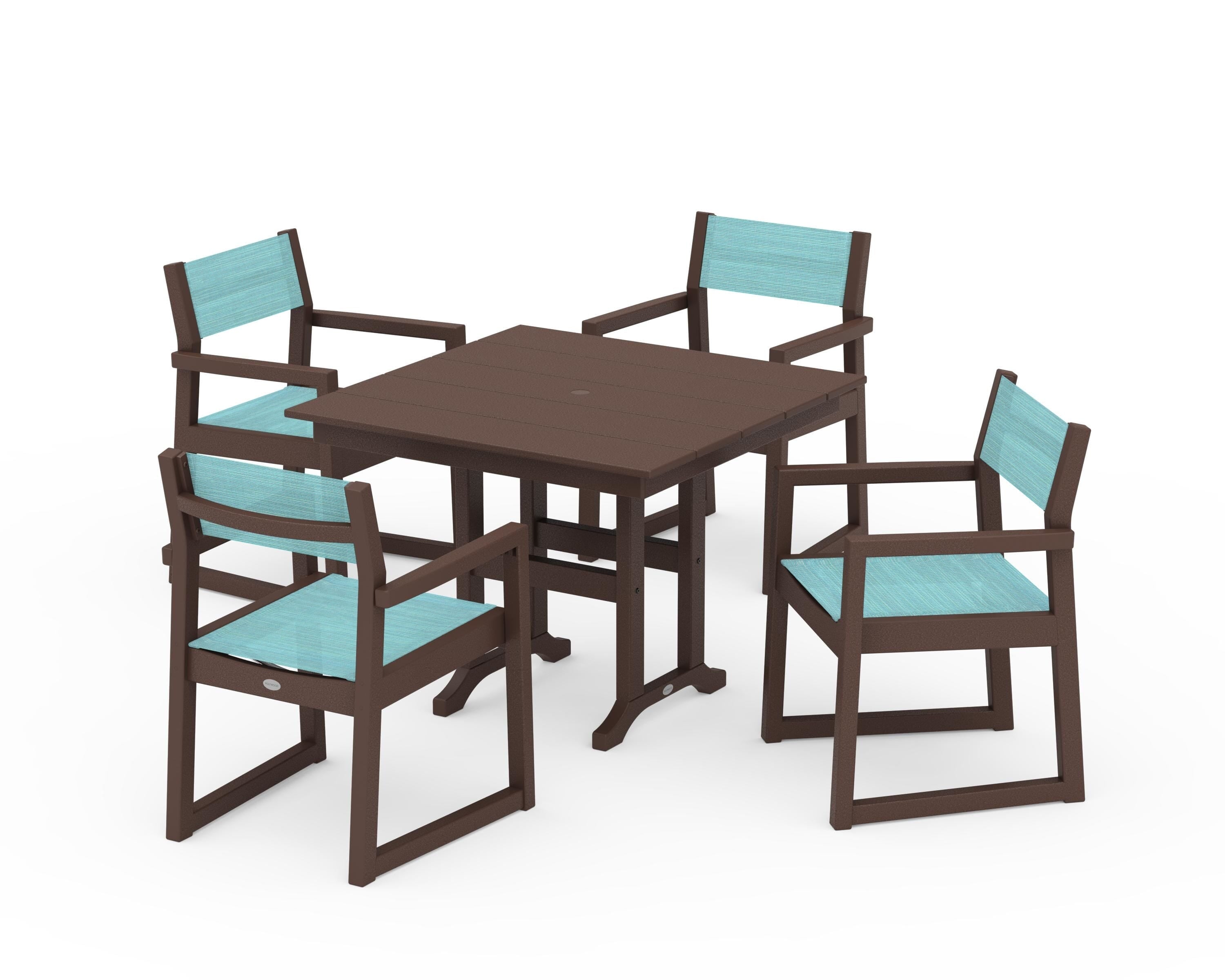 POLYWOOD EDGE Sling Arm Chair 5-Piece Farmhouse Dining Set in Mahogany / Dupioni Aquamarine Sling