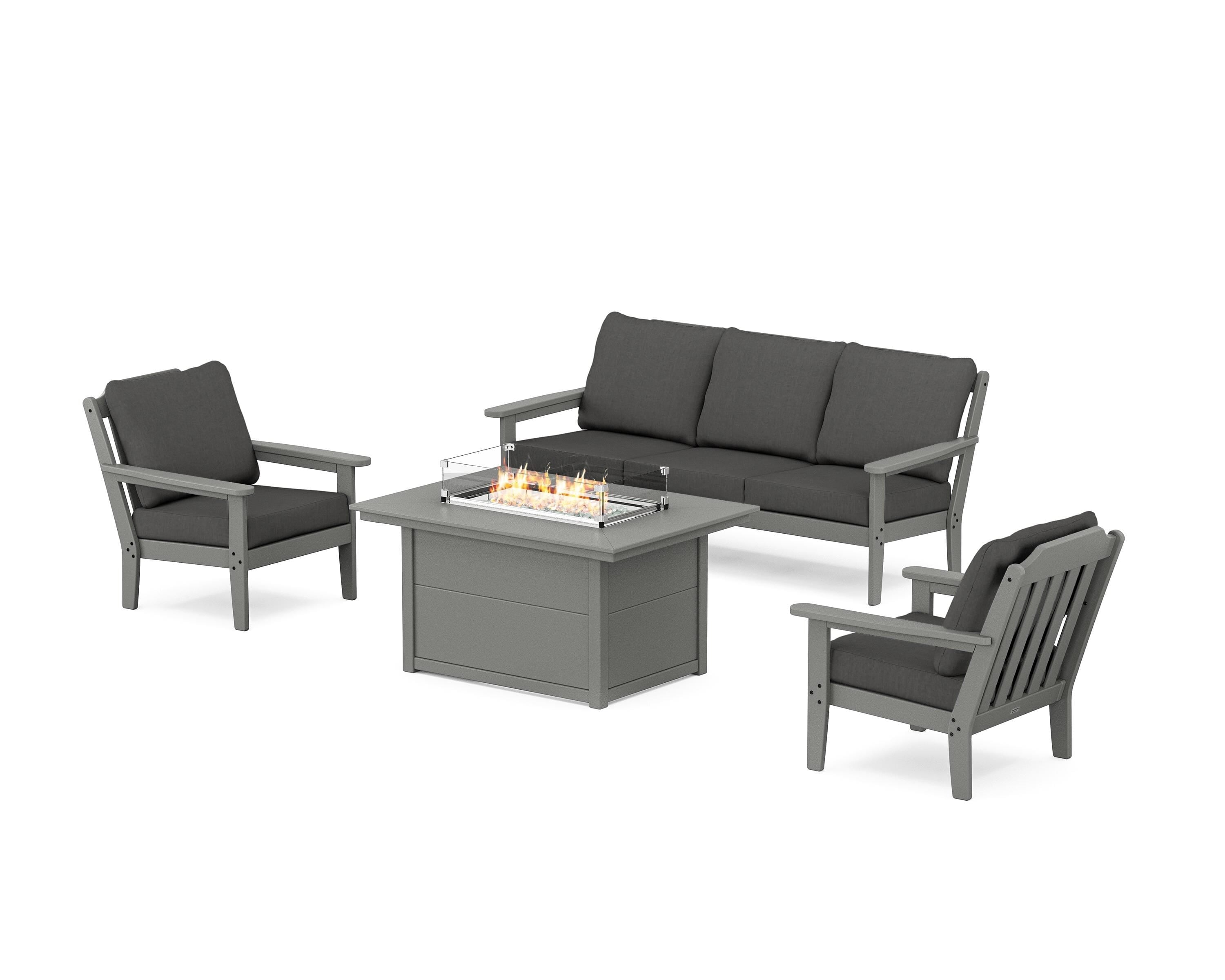 Country Living Cottage Deep Seating Fire Pit Table Set in Slate Grey / Spectrum Carbon