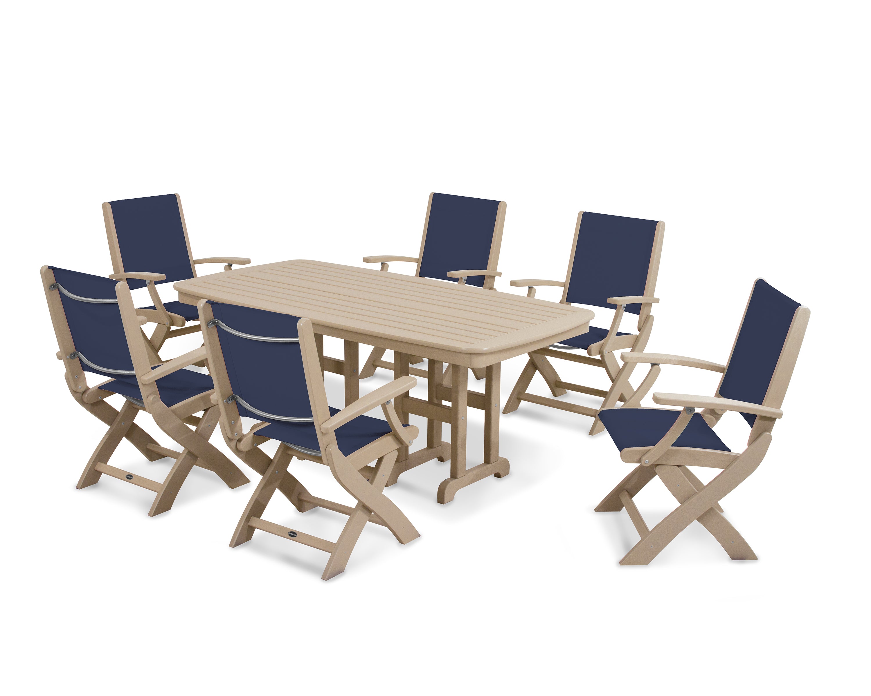 POLYWOOD Coastal Folding Arm Chair 7-Piece Dining Set in Sand / Navy Blue Sling