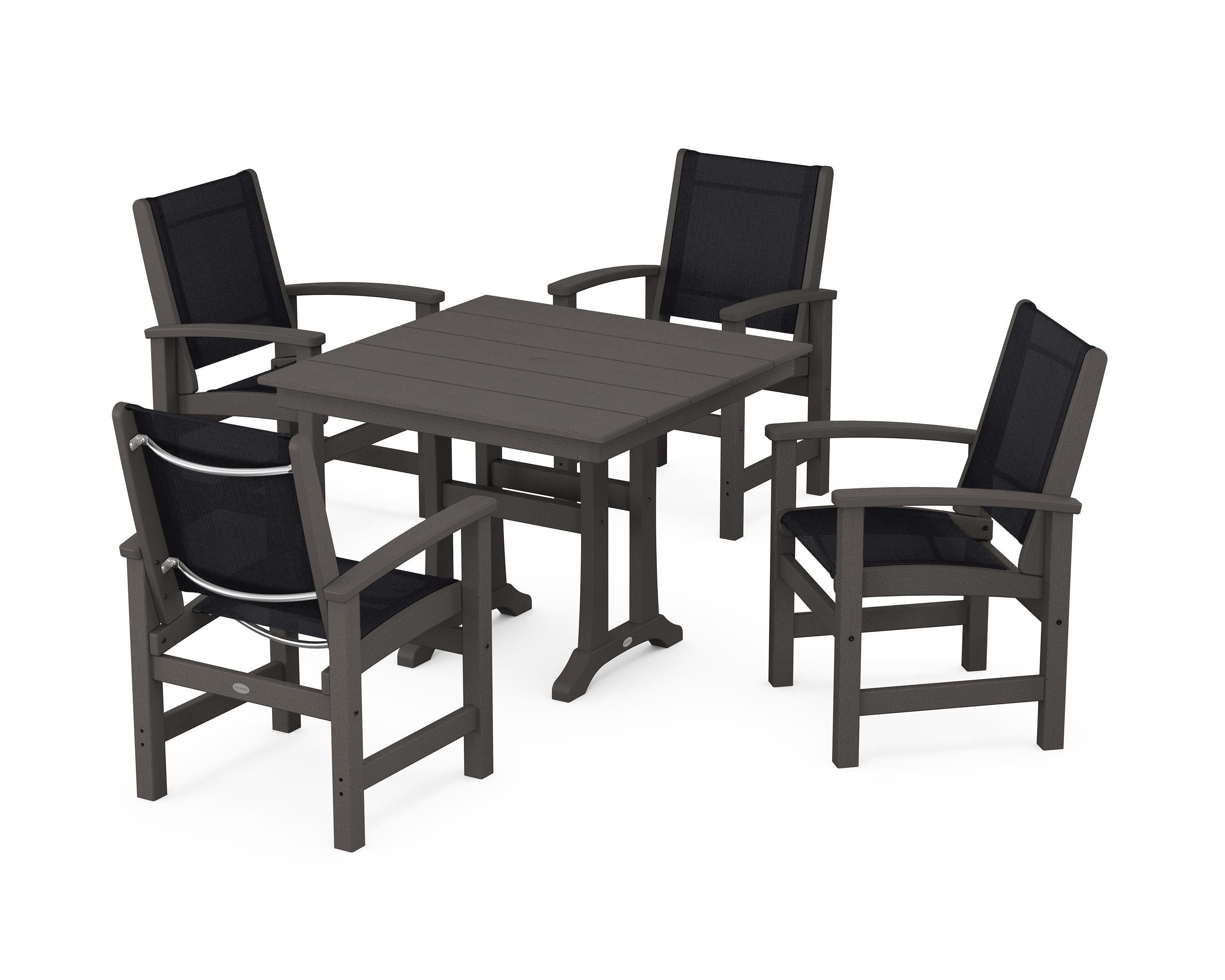 POLYWOOD Coastal 5-Piece Farmhouse Dining Set With Trestle Legs in Vintage Coffee / Black Sling