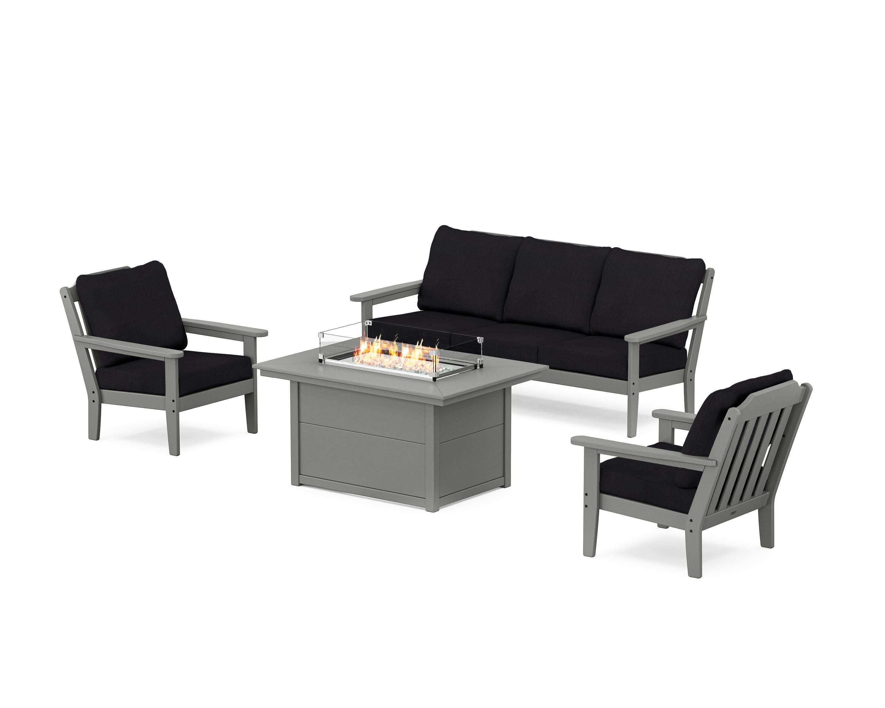 Country Living Cottage Deep Seating Fire Pit Table Set in Slate Grey / Midnight Linen