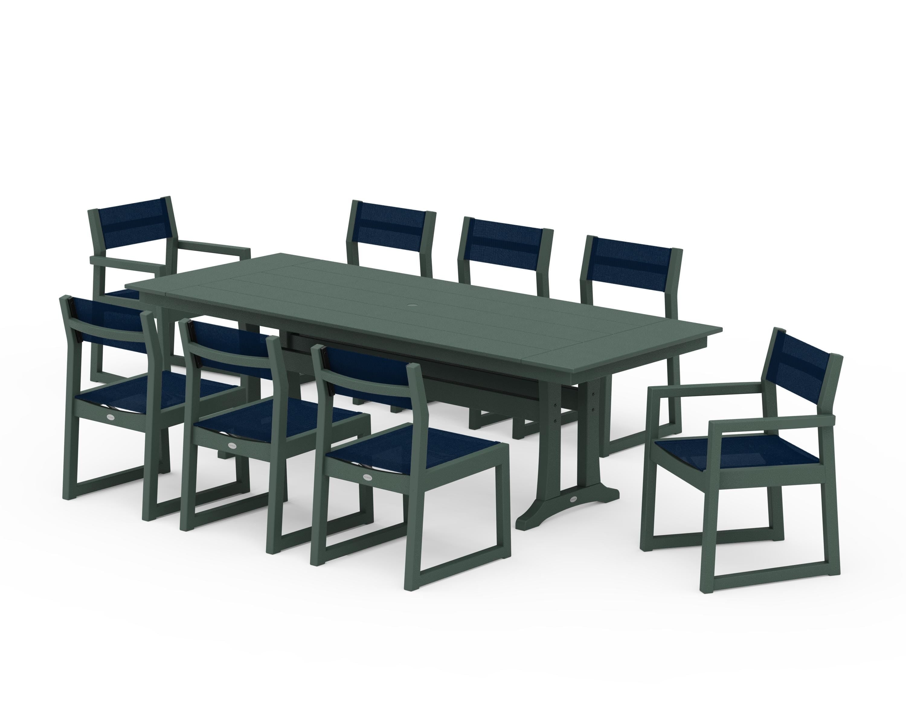 POLYWOOD EDGE Sling 9-Piece Farmhouse Trestle Dining Set in Green / Navy Blue Sling