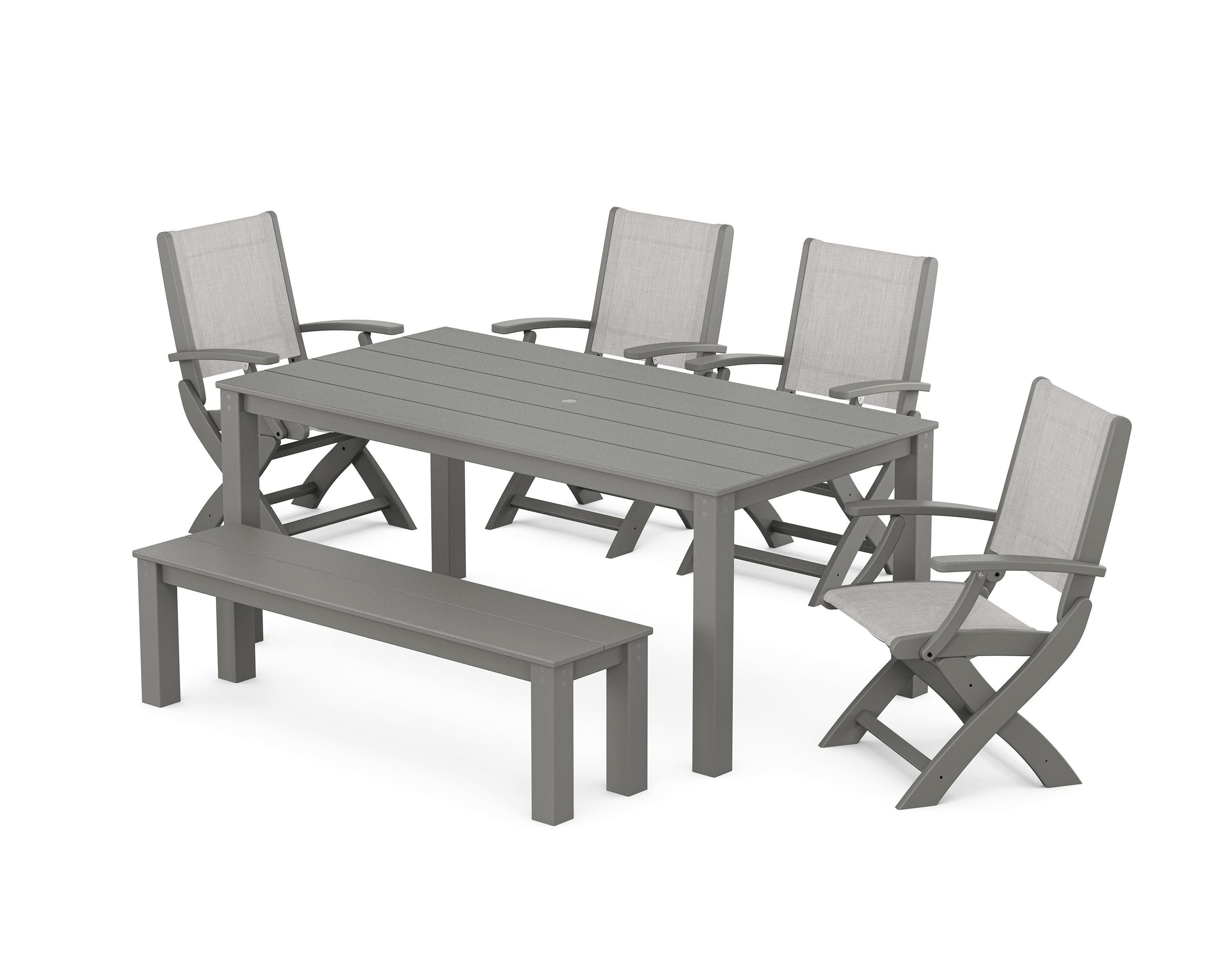 POLYWOOD Coastal Folding Chair 6-Piece Parsons Dining Set with Bench in White / Dupioni Sea Mist Sling