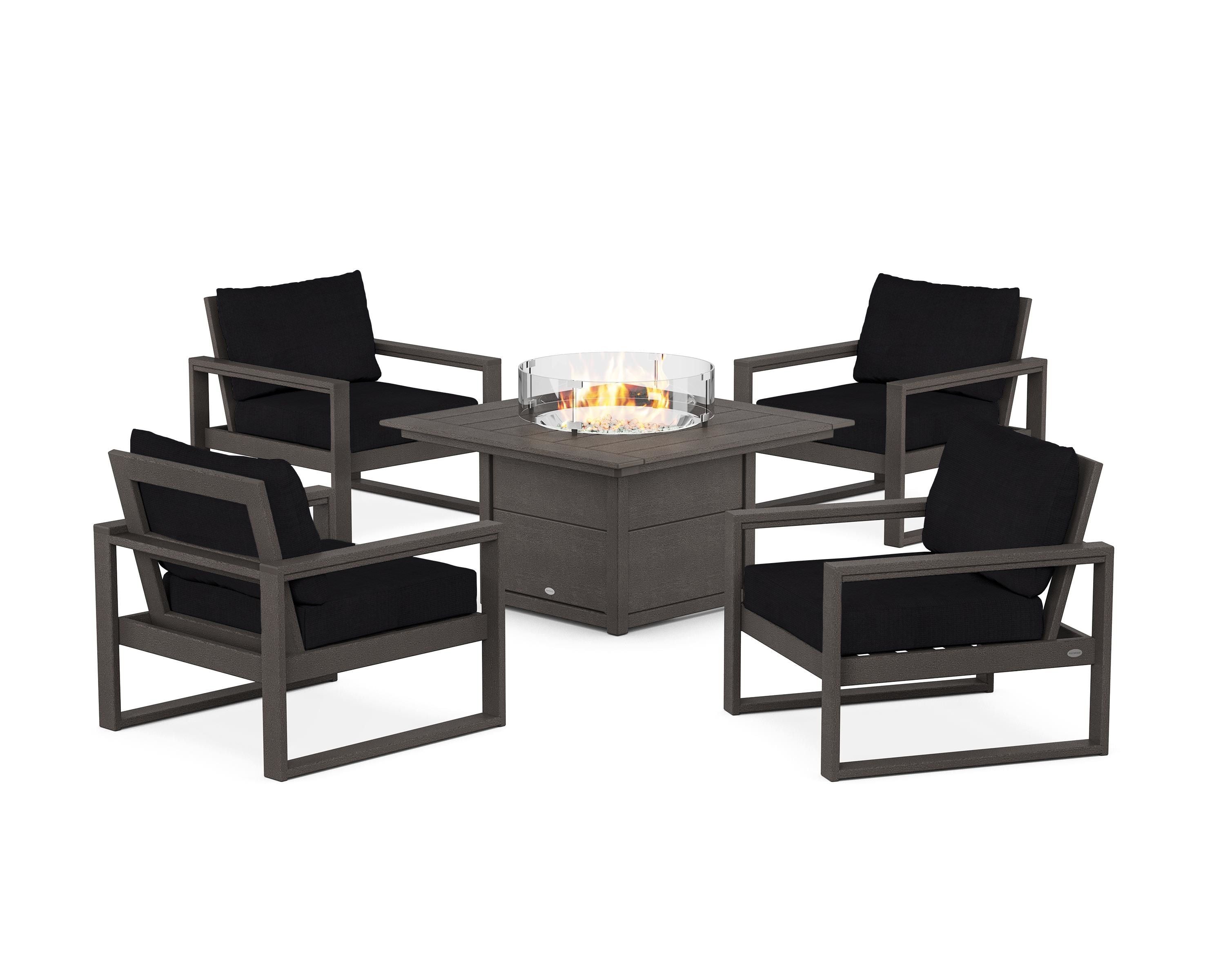POLYWOOD EDGE Sectional 5-Piece Deep Seating Set with Fire Pit Table in Vintage Coffee / Midnight Linen