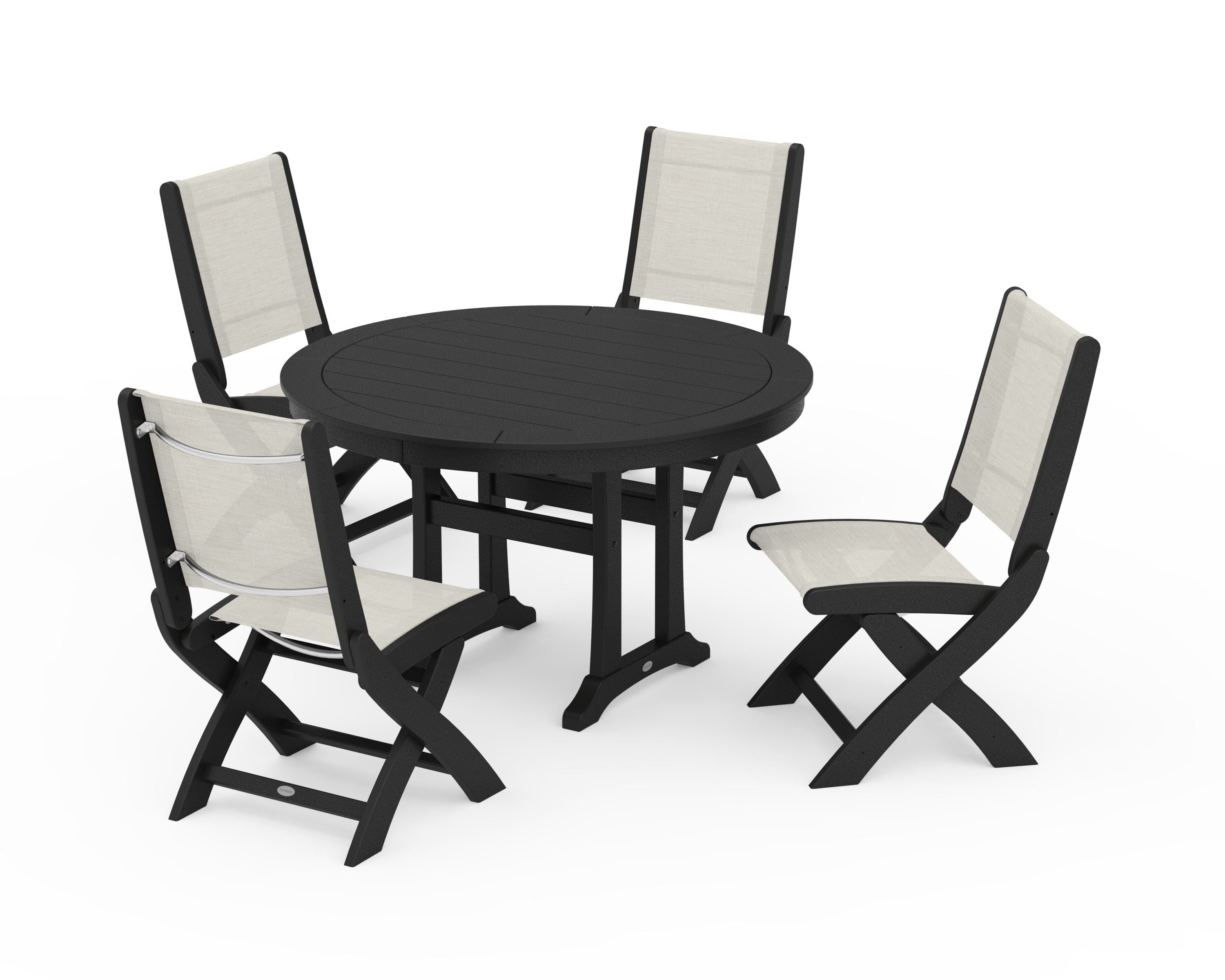 POLYWOOD Coastal Folding Side Chair 5-Piece Round Dining Set With Trestle Legs in Black / Parchment Sling