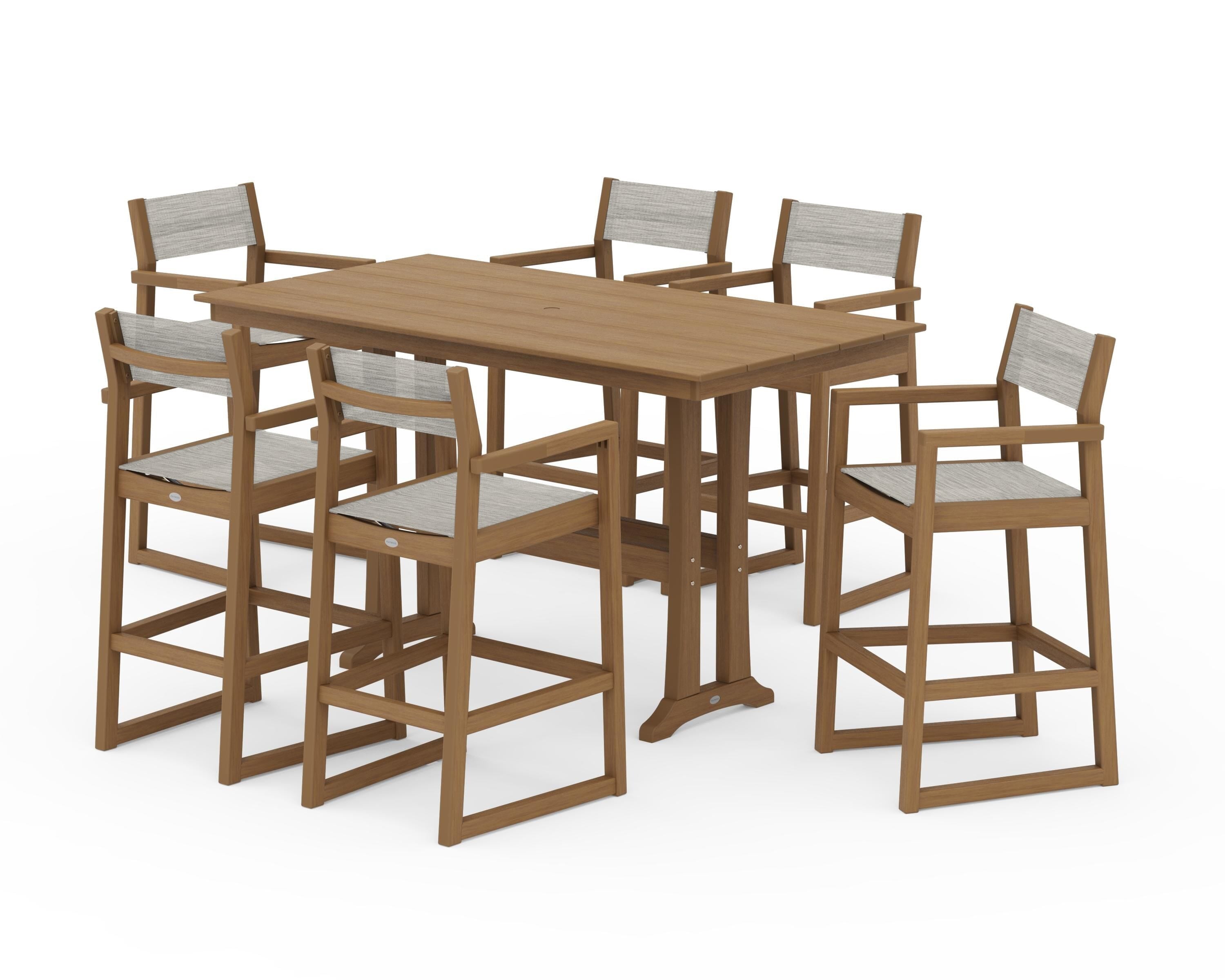 POLYWOOD EDGE Sling Arm Chair 7-Piece Farmhouse Bar Set with Trestle Legs in Natural / Birch Sling