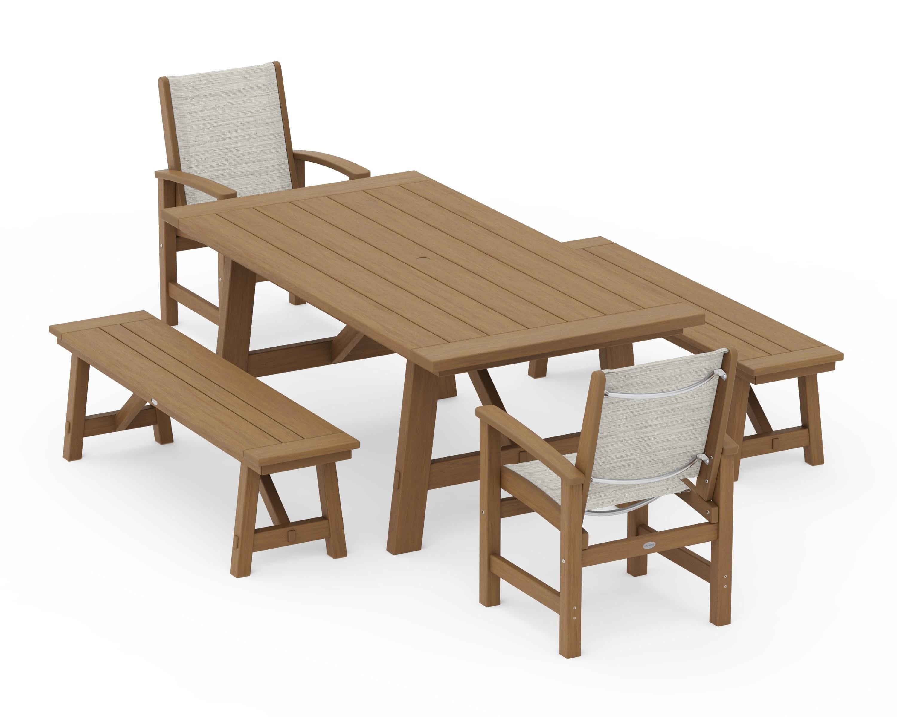 POLYWOOD Coastal 5-Piece Rustic Farmhouse Dining Set With Benches in Natural / Birch Sling