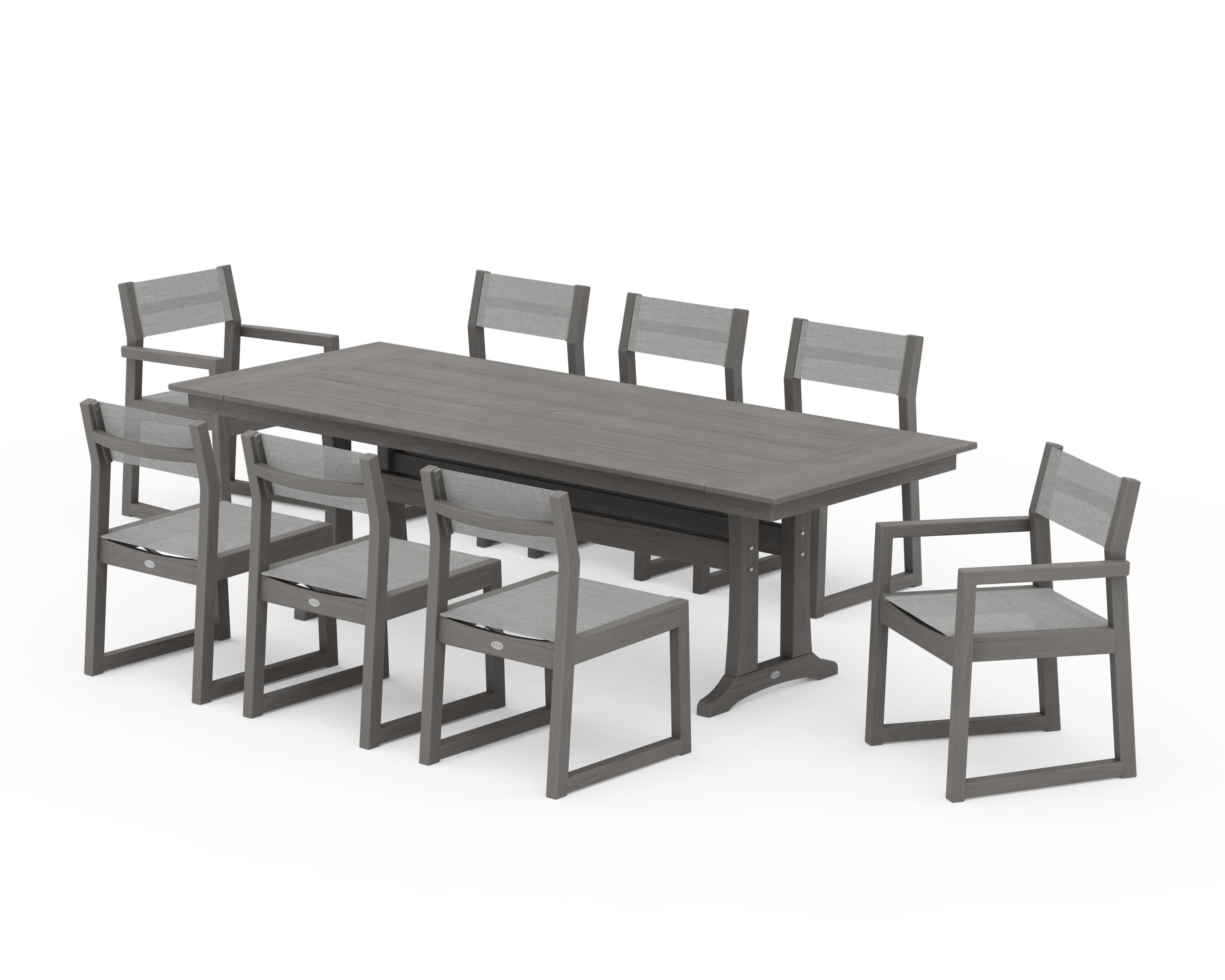 POLYWOOD EDGE Sling 9-Piece Farmhouse Trestle Dining Set in Driftwood / Metallic Sling