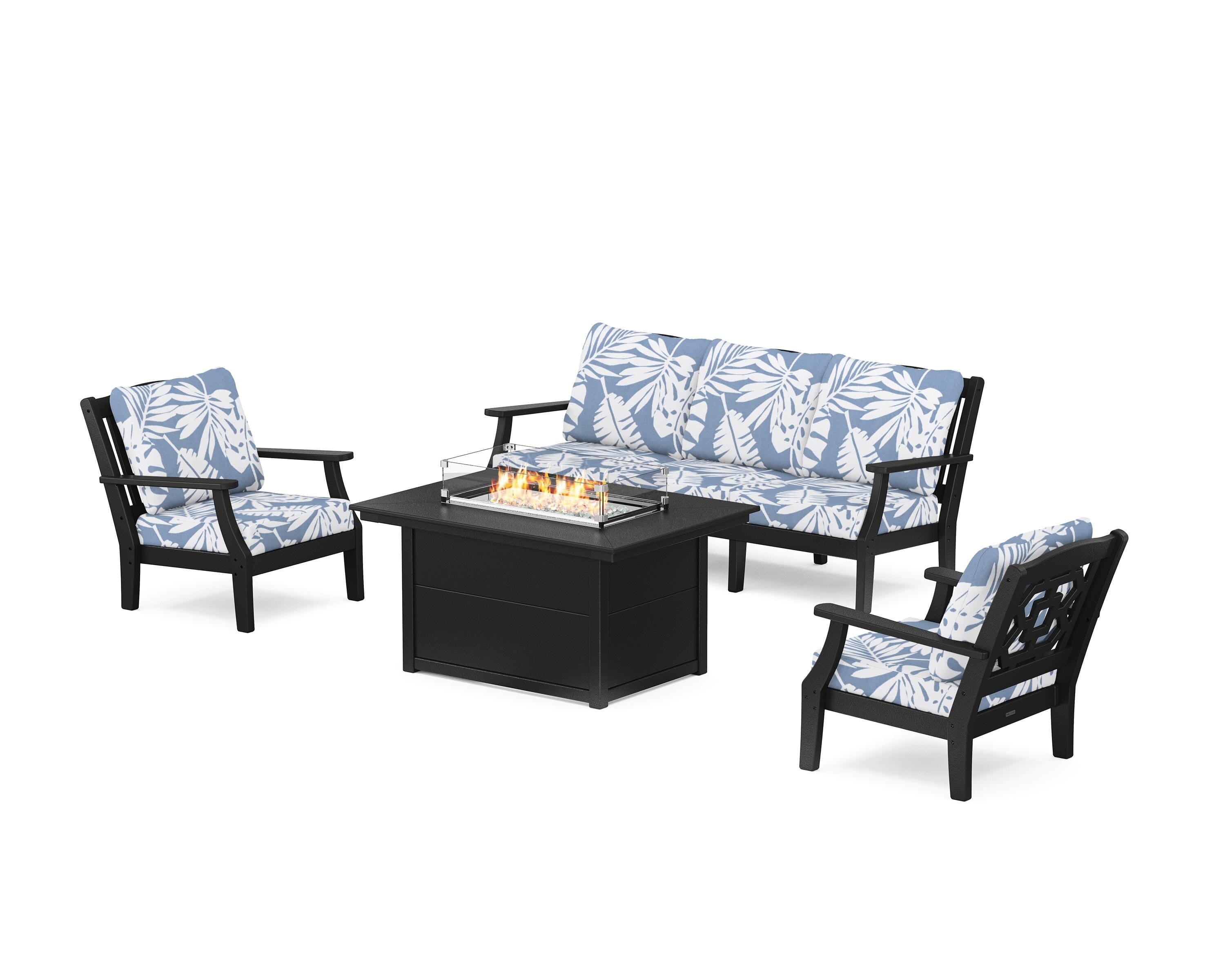 Martha Stewart by POLYWOOD Chinoiserie Deep Seating Fire Pit Table Set in Black / Leaf Sky Blue