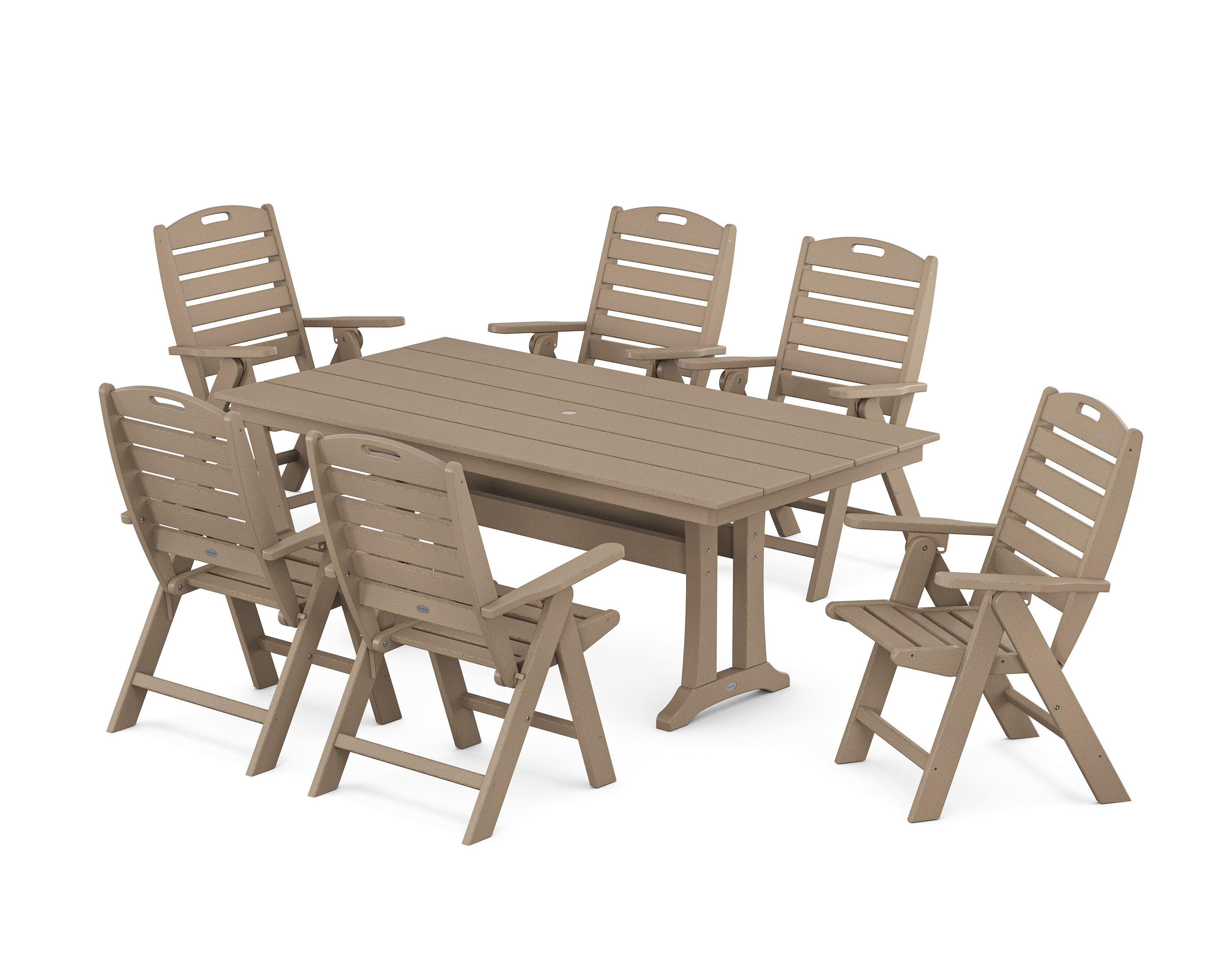 POLYWOOD Nautical Highback 7-Piece Farmhouse Dining Set with Trestle Legs in Vintage Sahara