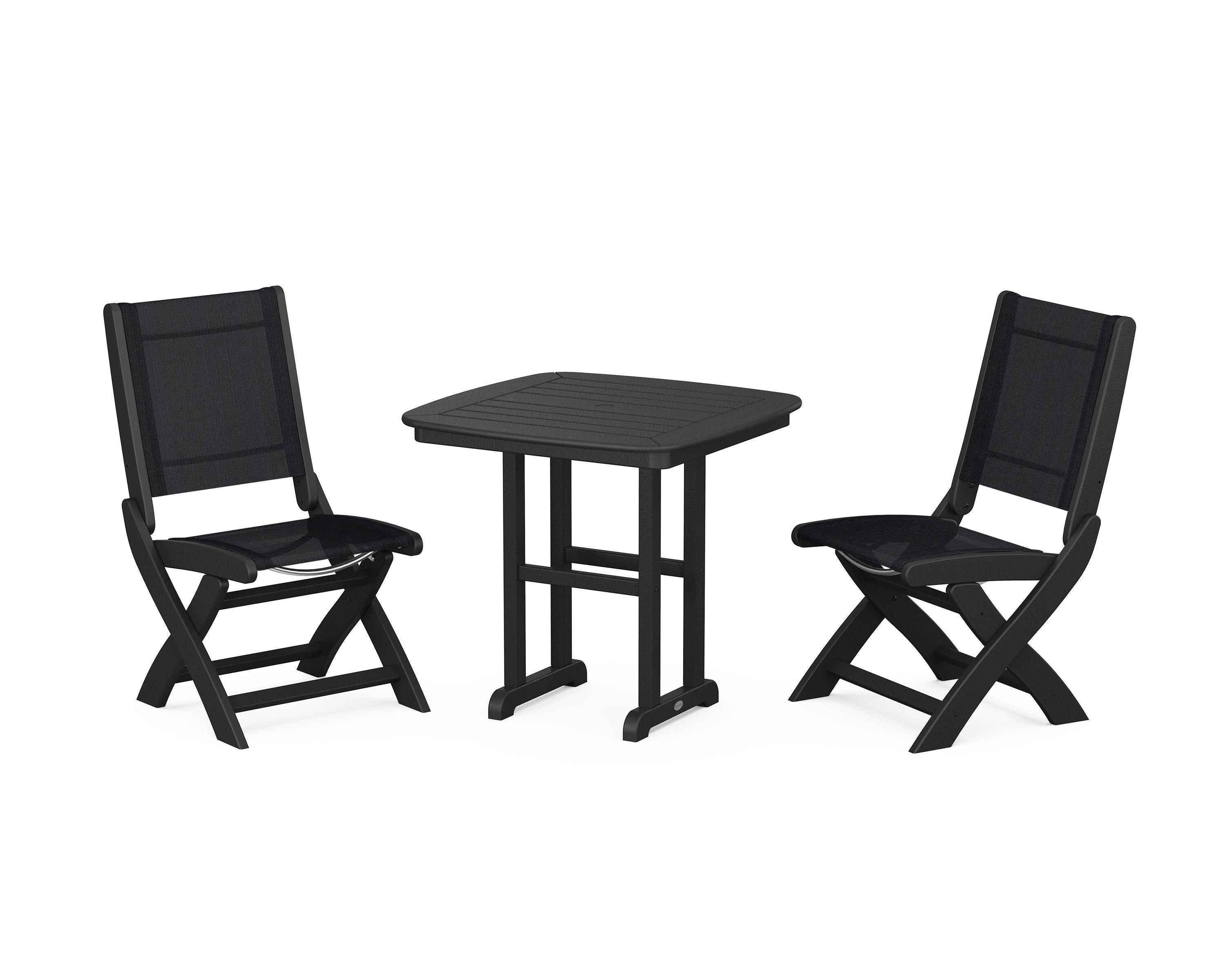 POLYWOOD Coastal Folding Side Chair 3-Piece Dining Set in Black / Black Sling