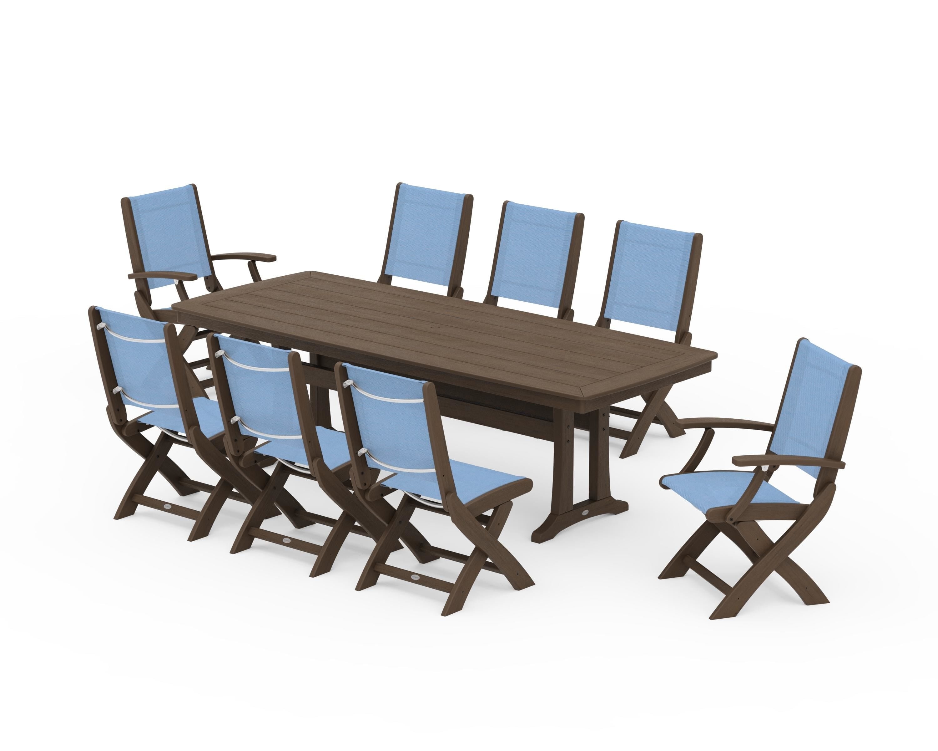 POLYWOOD Coastal Folding 9-Piece Dining Set with Trestle Legs in Kona / Poolside Sling