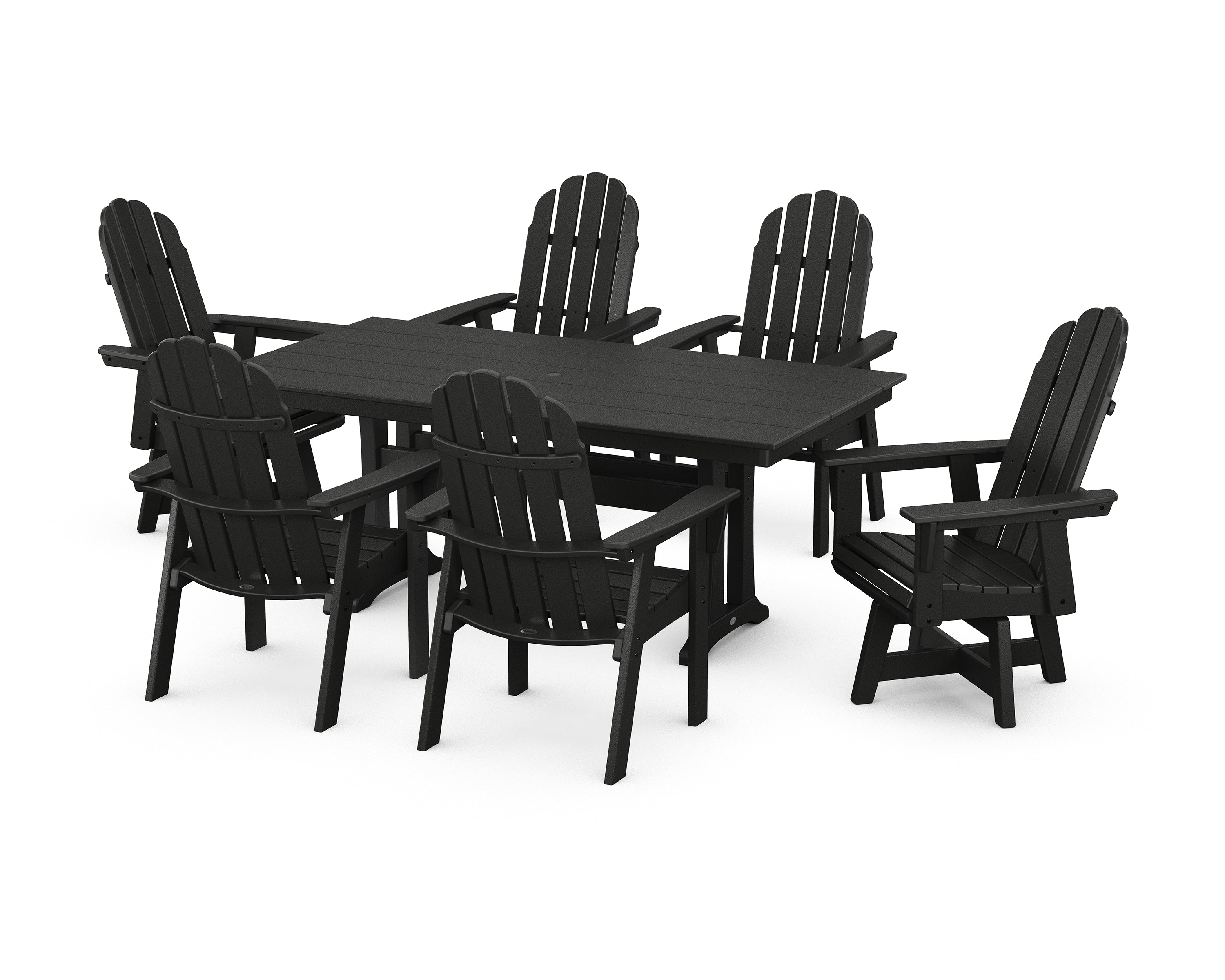 POLYWOOD® Vineyard Curveback Adirondack Swivel Chair 7-Piece Farmhouse Dining Set with Trestle Legs in Black