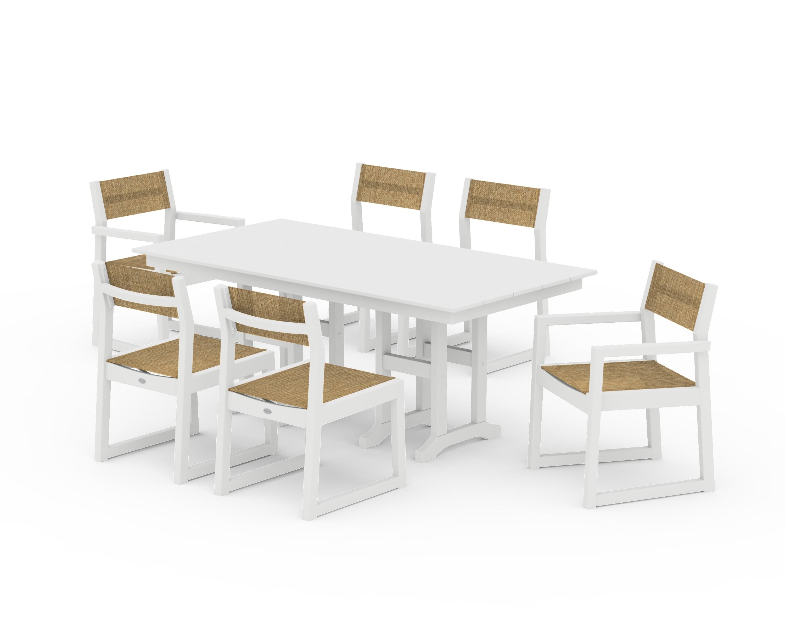 POLYWOOD EDGE Sling 7-Piece Farmhouse Dining Set in White / Burlap Sling