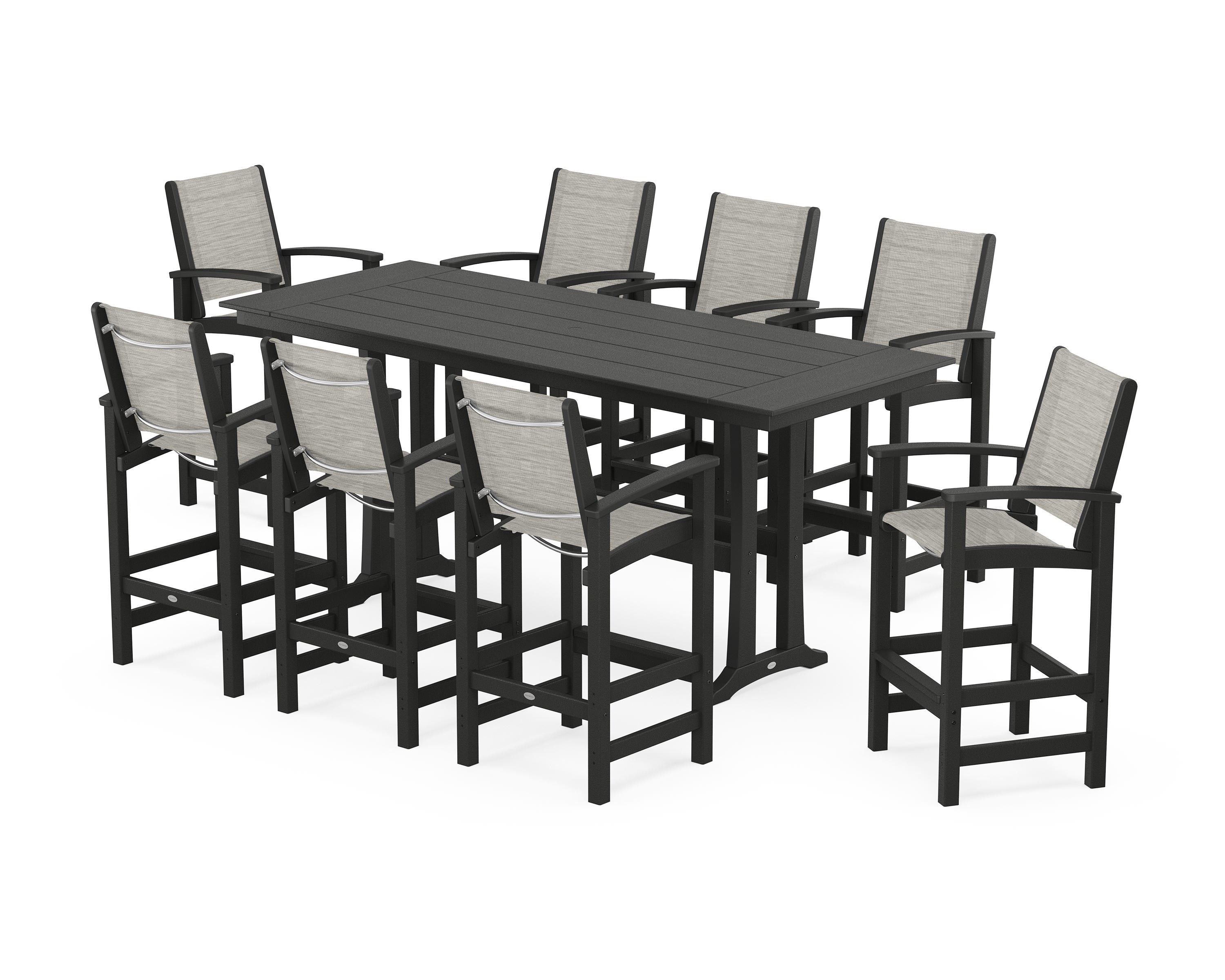 POLYWOOD Coastal 9-Piece Farmhouse Bar Set with Trestle Legs in Black / Birch Sling