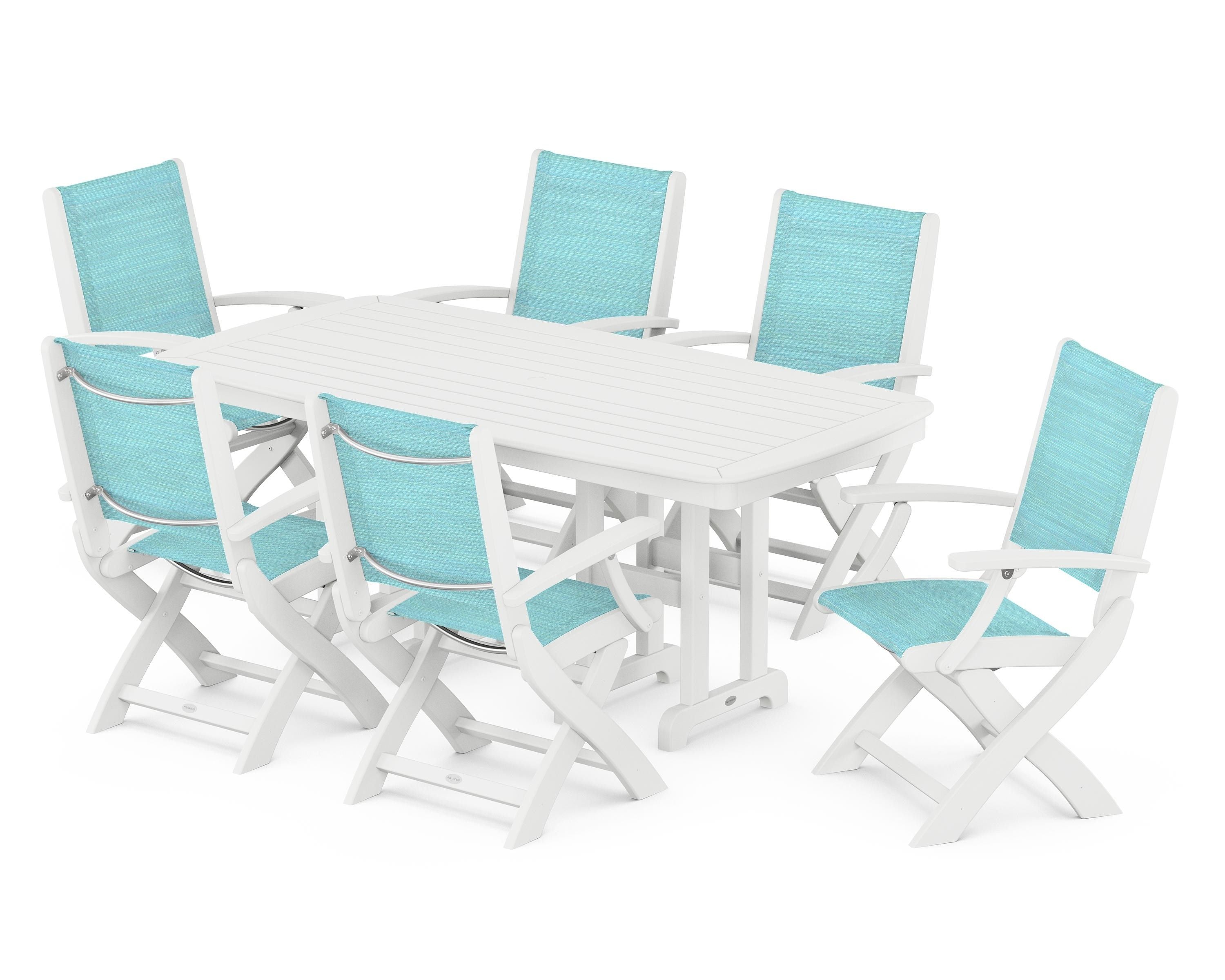 POLYWOOD Coastal Folding Arm Chair 7-Piece Dining Set in White / Dupioni Aquamarine Sling