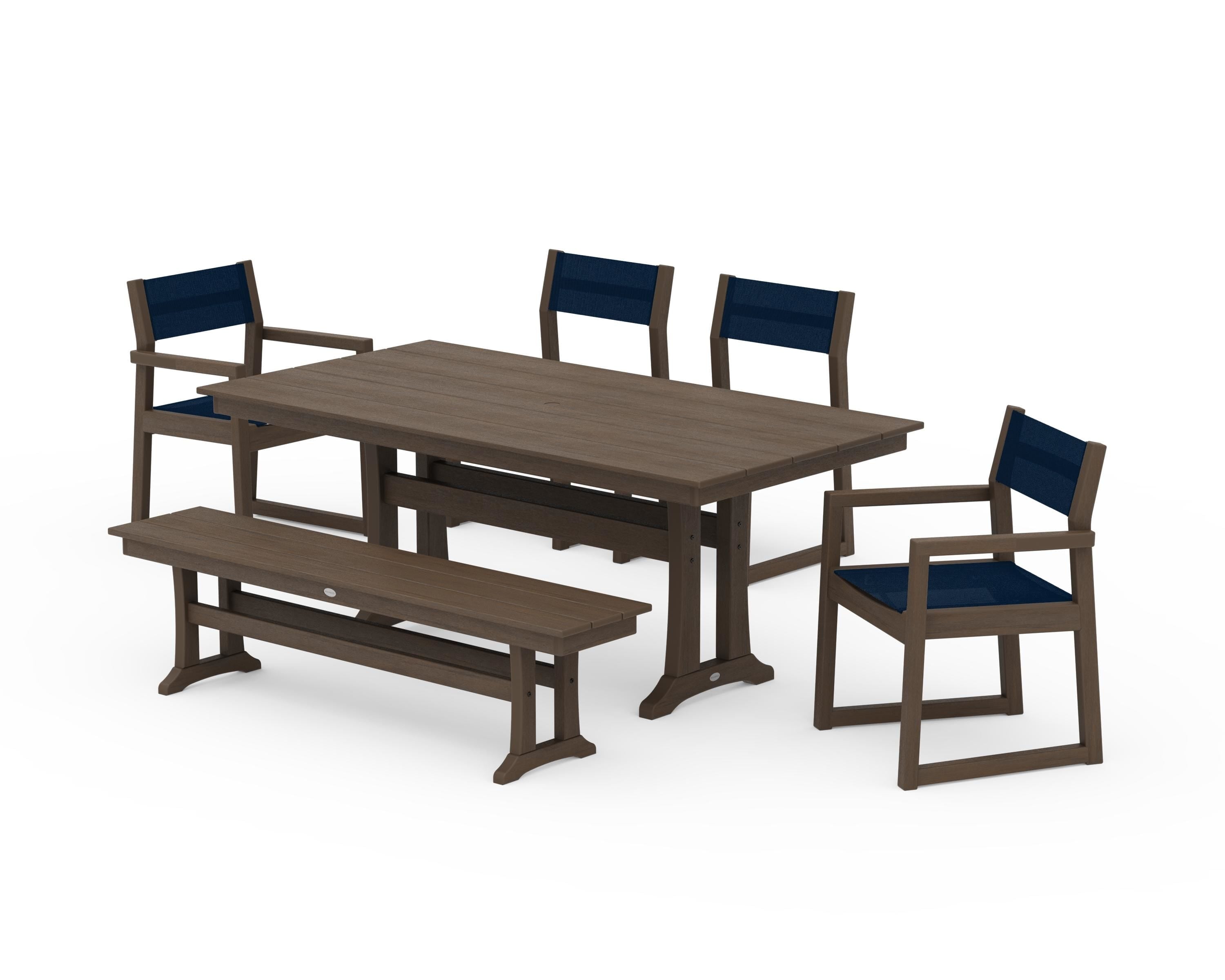 POLYWOOD EDGE Sling 6-Piece Farmhouse Dining Set With Trestle Legs in Kona / Navy Blue Sling