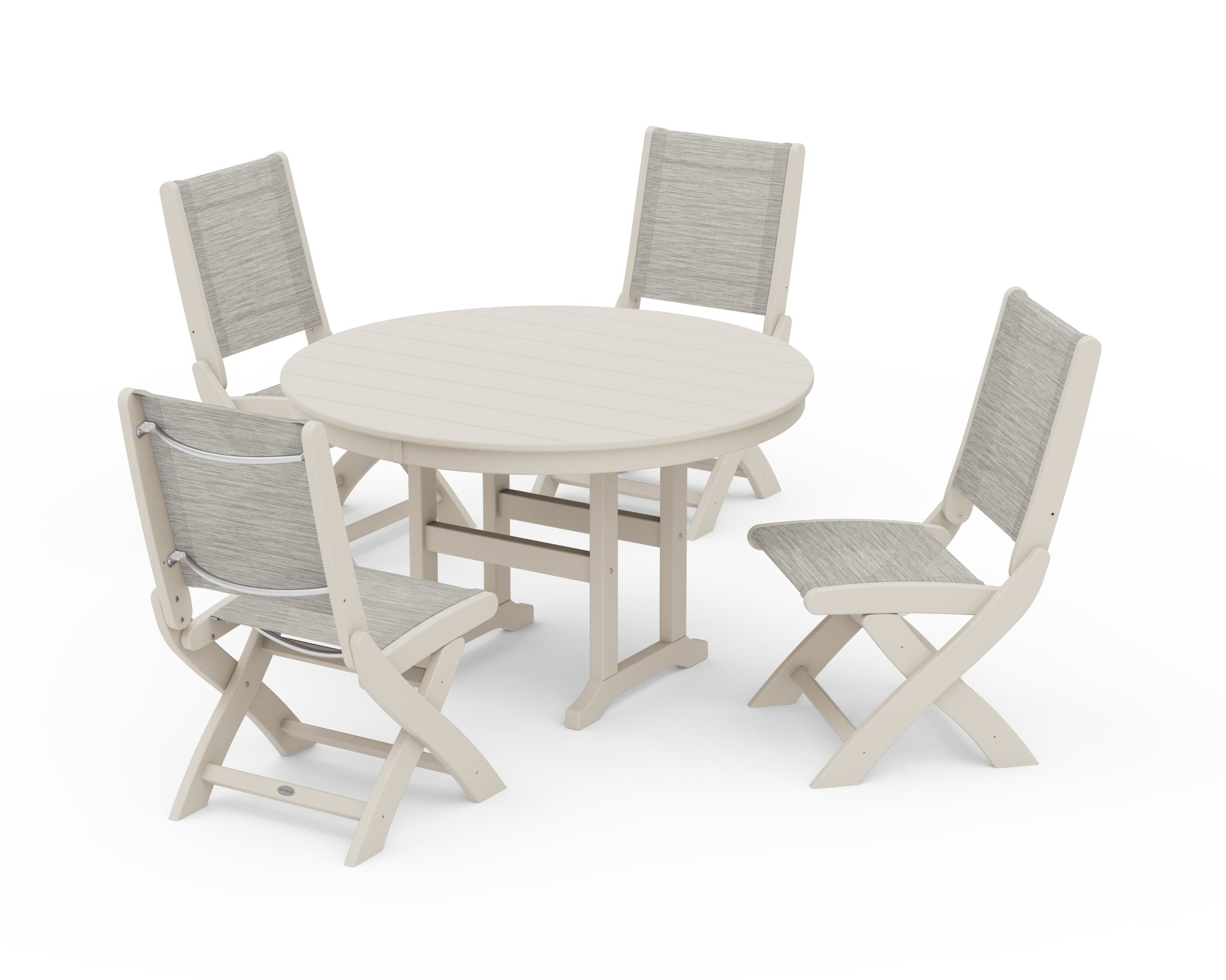 POLYWOOD Coastal Folding Side Chair 5-Piece Round Dining Set in Sand / Birch Sling