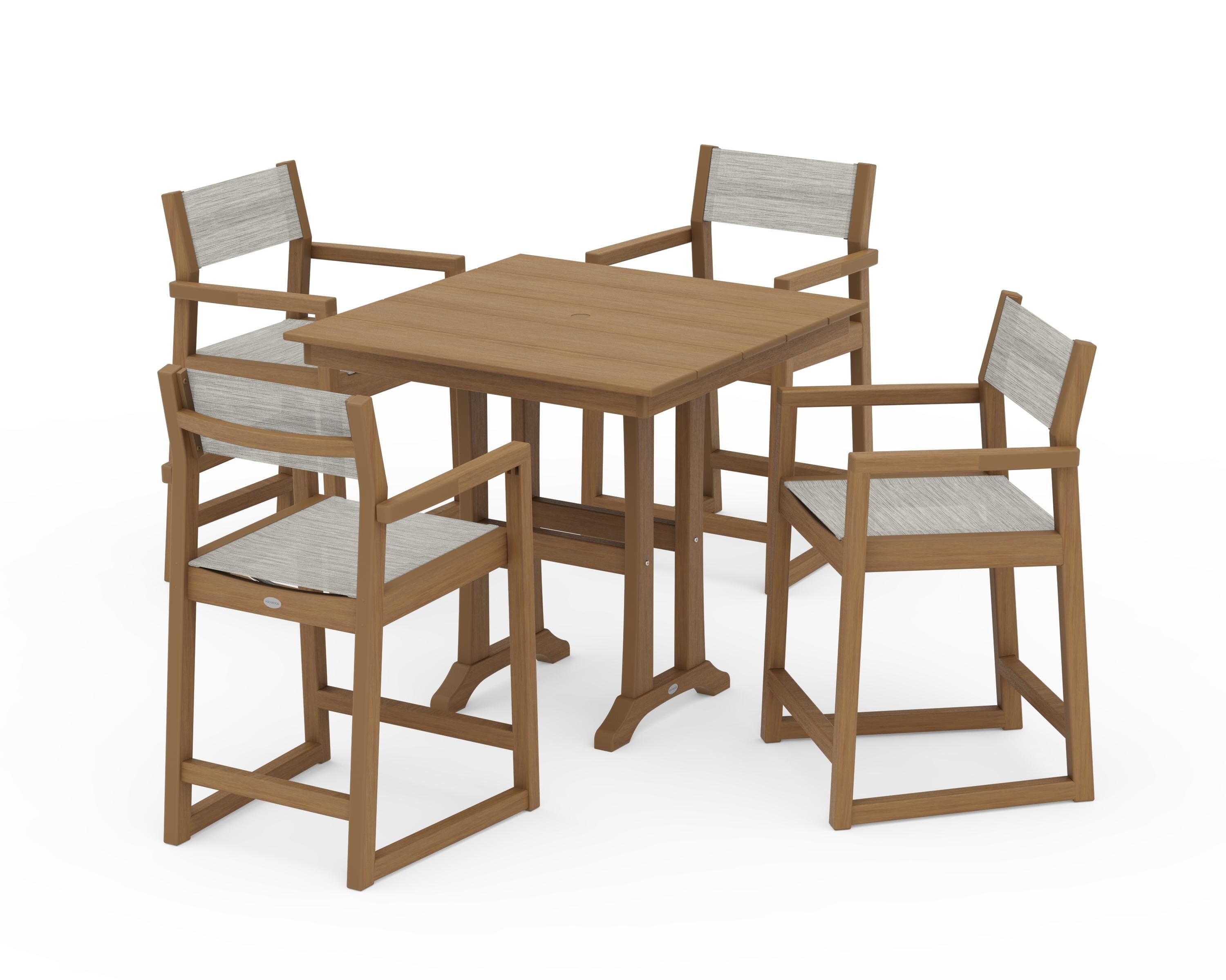 POLYWOOD EDGE Sling Arm Chair 5-Piece Farmhouse Counter Set with Trestle Legs in Natural / Birch Sling